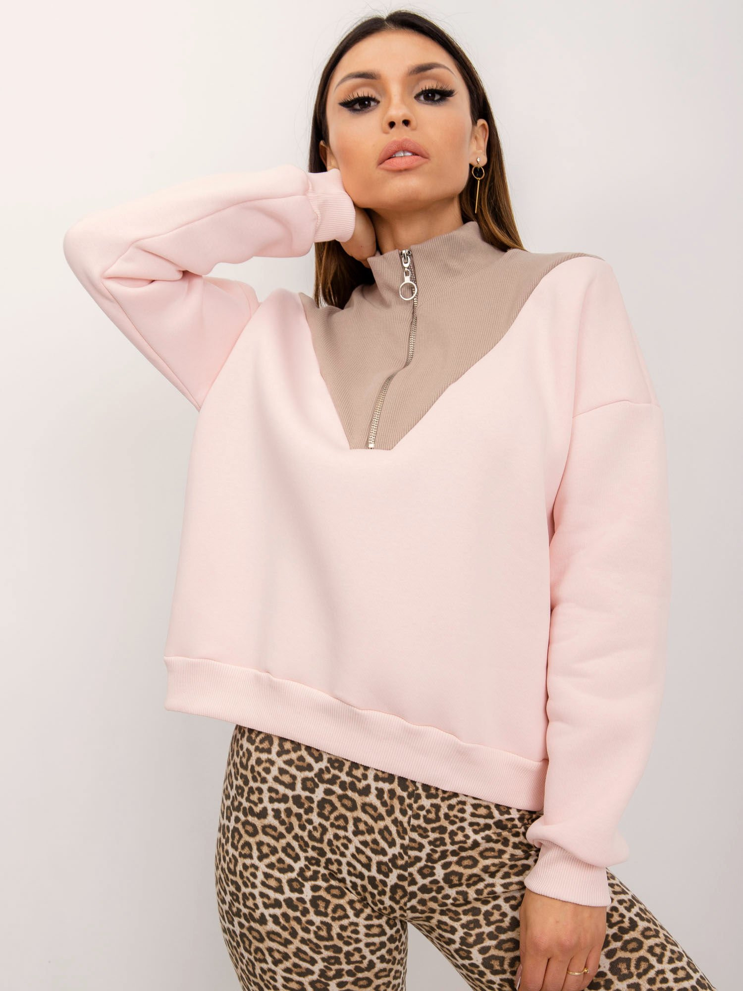 Dámska svetlo ružová mikina s krátkym zipsom RV-BL-5218.70-light pink Veľkosť: S