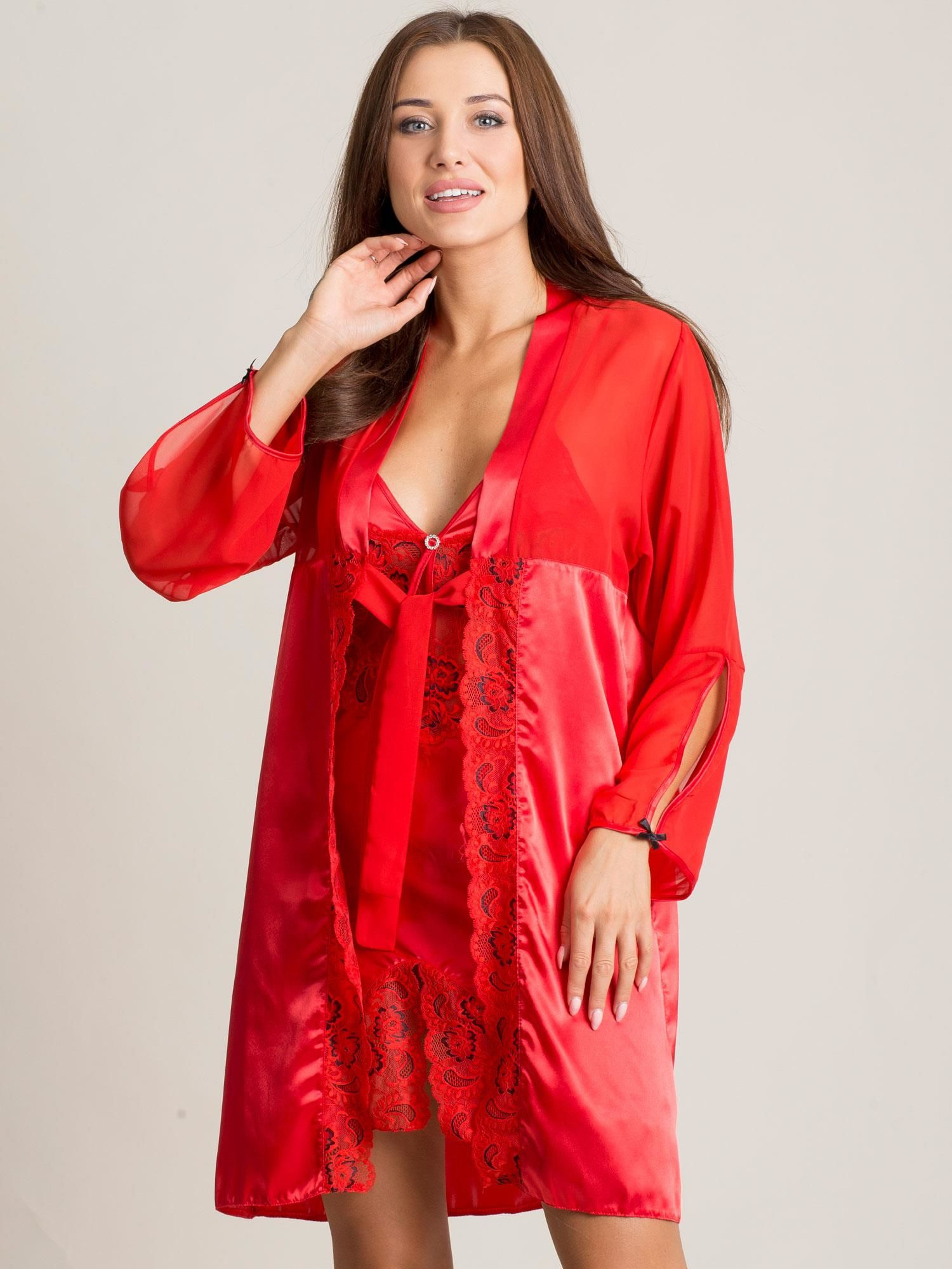Červený nočný set košieľka + župan BR-KMPL-7283.02X-red Veľkosť: XL