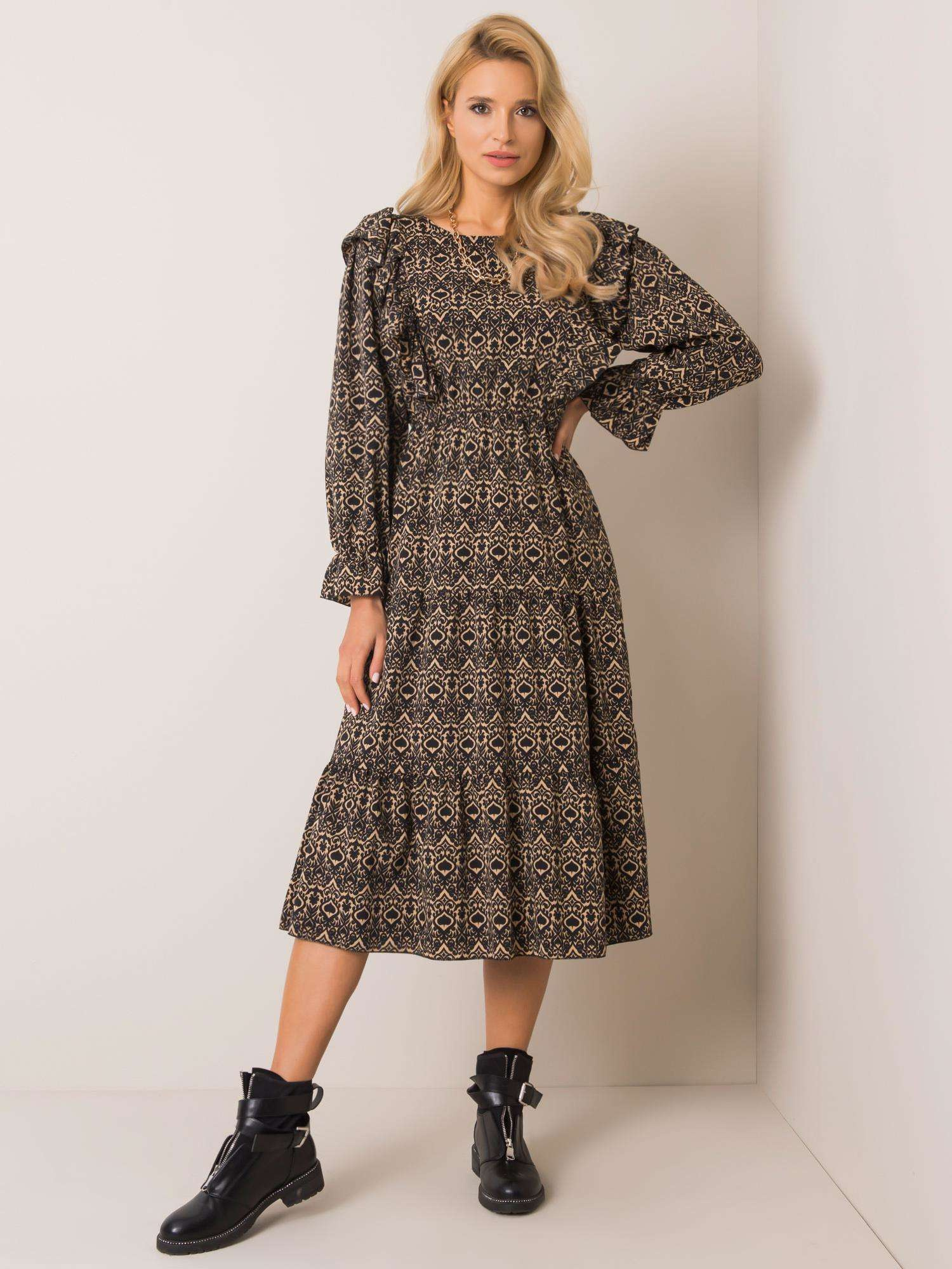 Čierno-hnedé dámske vzorované šaty DHJ-SK-12227.85-black-beige Veľkosť: ONE SIZE