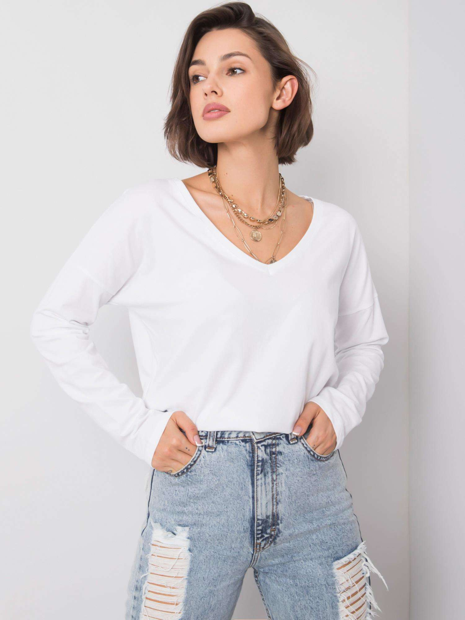 Dámske biele dlhé tričko s výstrihom do V RV-BZ-5945.35P-biela Veľkosť: XL