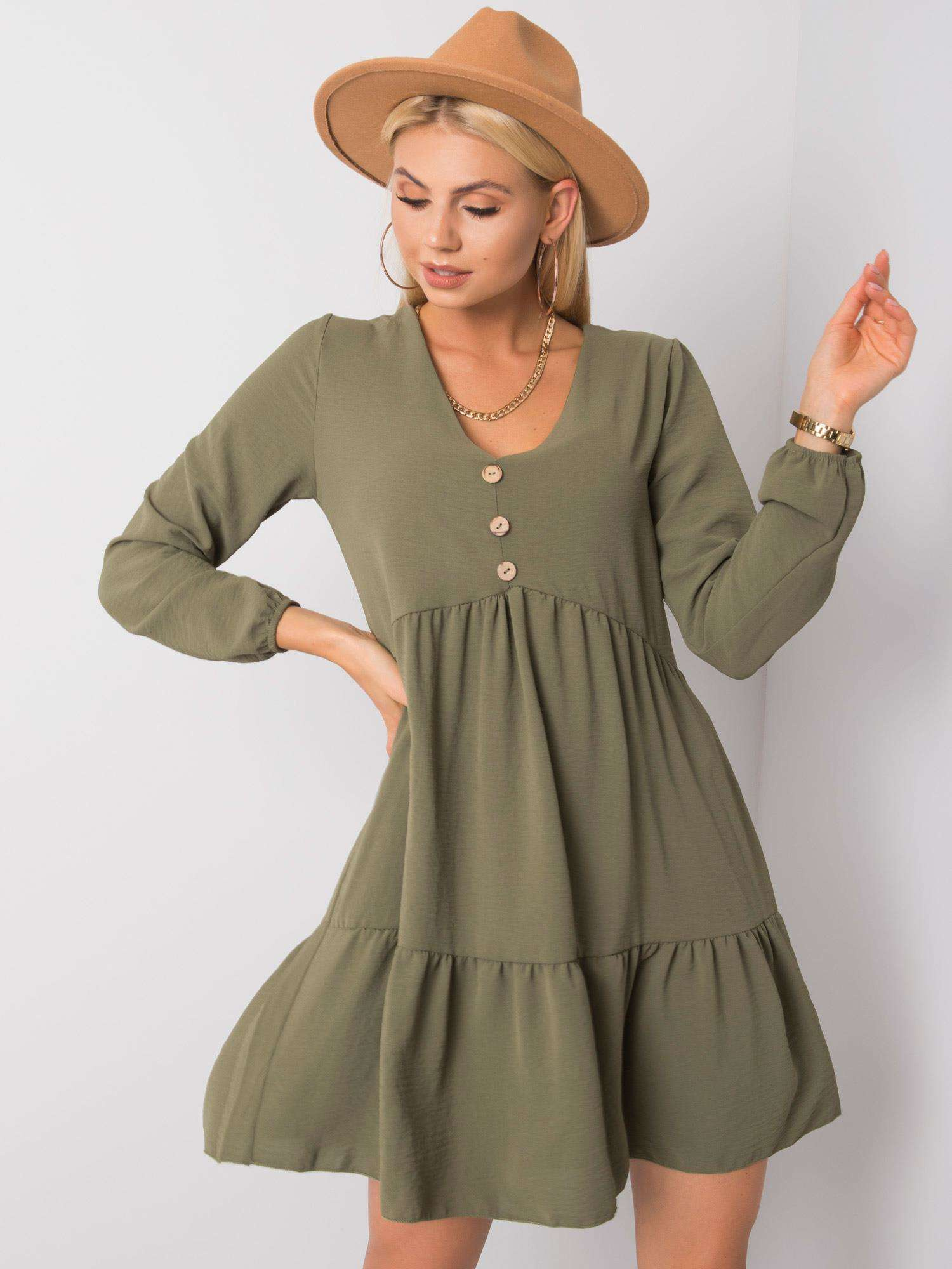 Khaki dámske šaty s gombíkmi -D50010F30264A-khaki Veľkosť: M/L