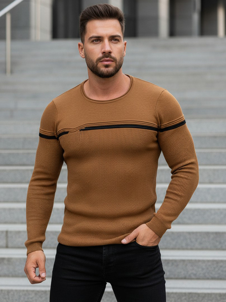 Hnedý pánsky sveter s čiernym pruhom (WX1625) Veľkosť: S