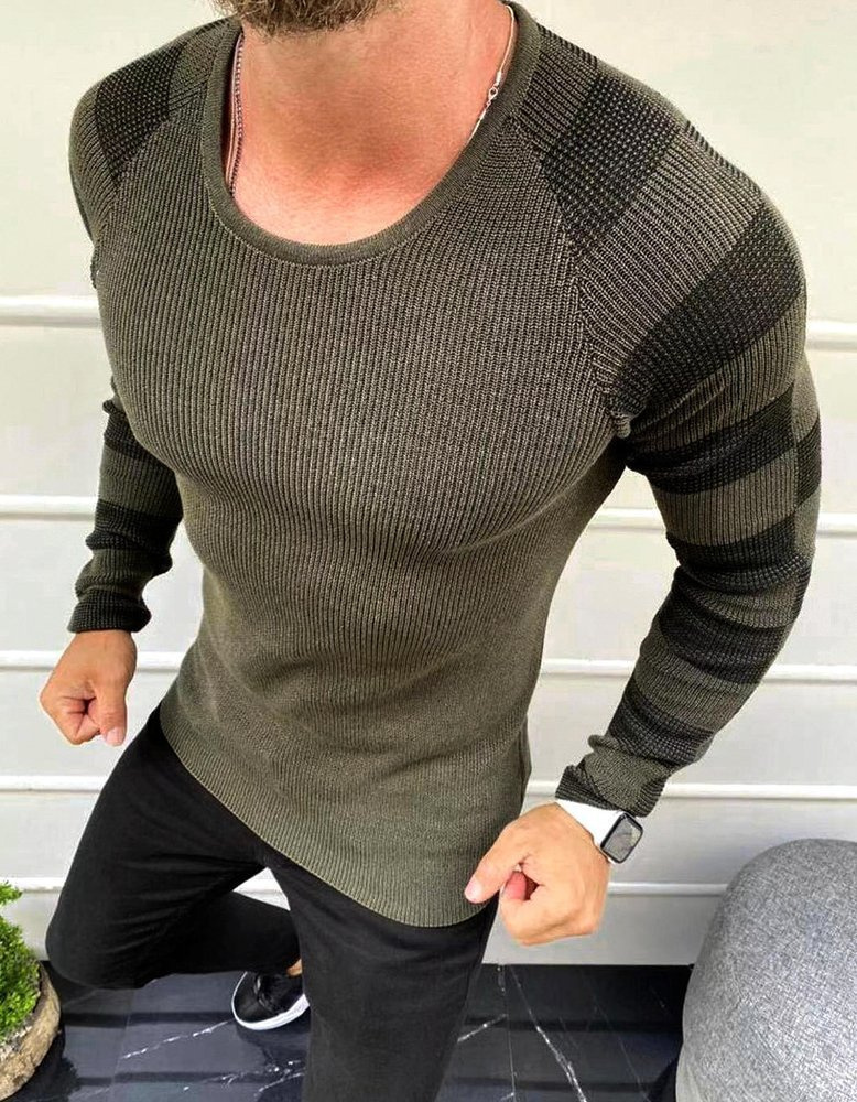 Khaki sveter s pruhmi na ramenách WX1637 Veľkosť: S