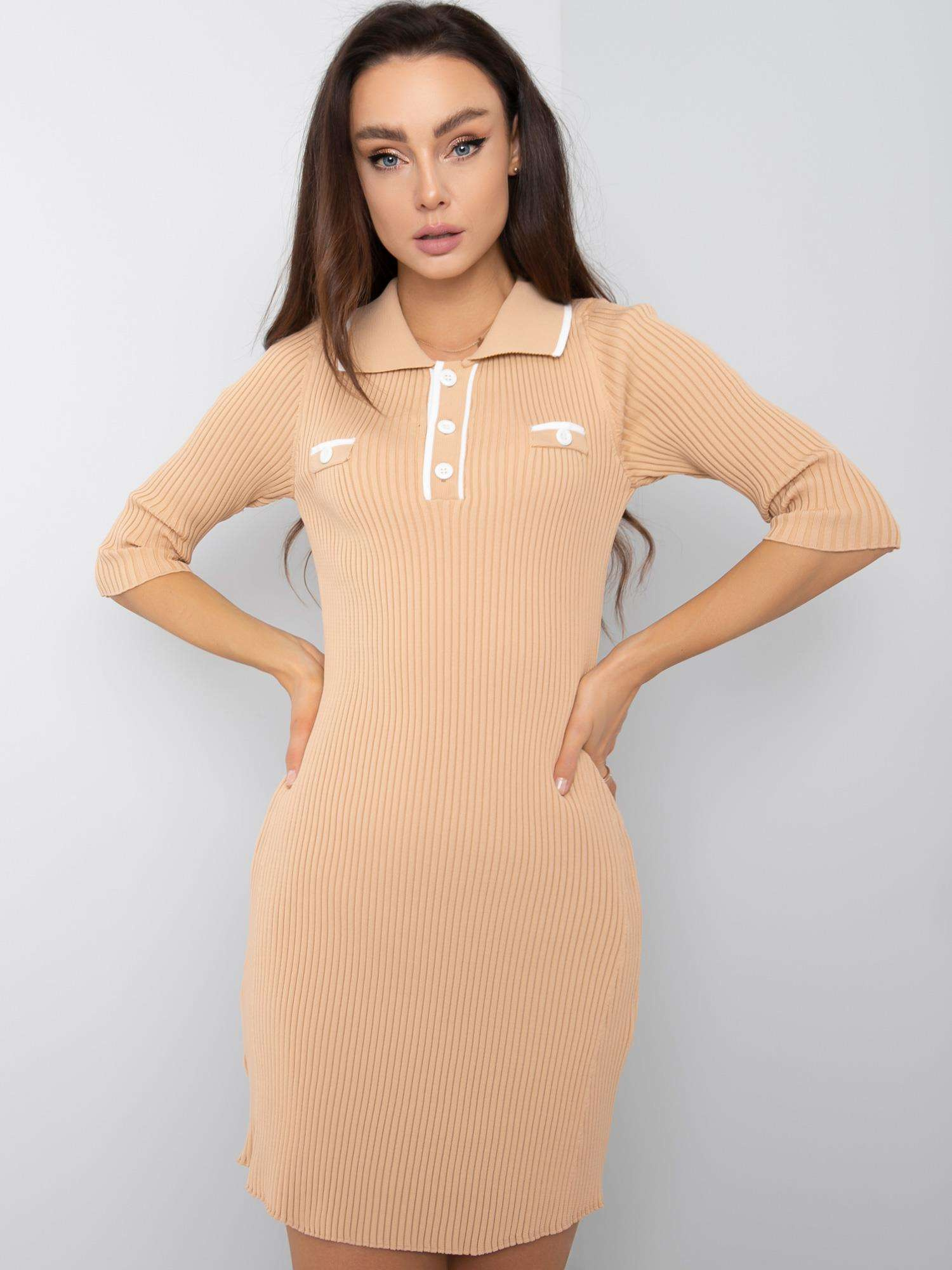 Béžové dámske šaty s golierom 269-SK-5602.71P-beige Veľkosť: ONE SIZE