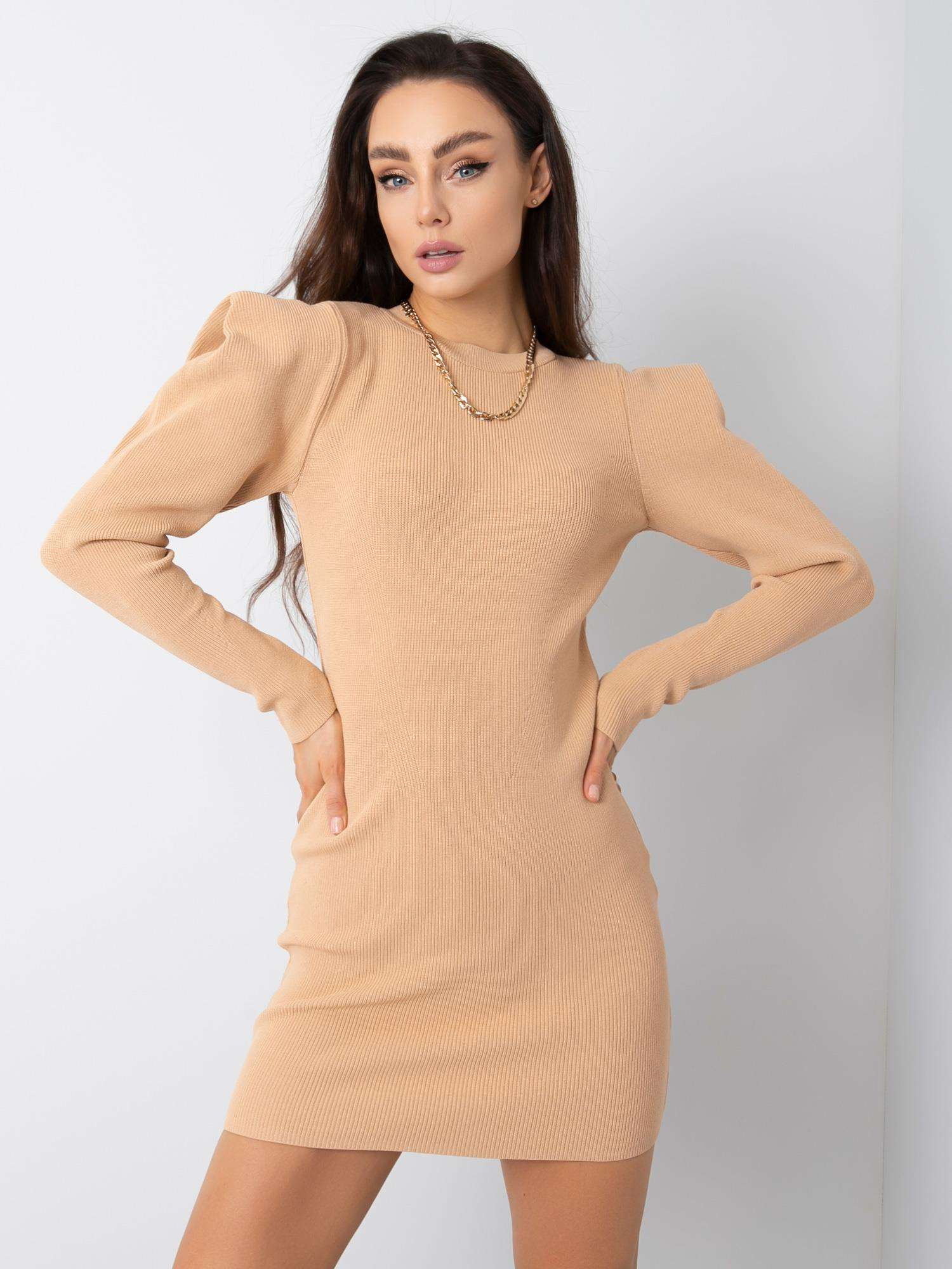 Béžové šaty s naberanými rukávmi -269-SK-5676.91P-beige Veľkosť: ONE SIZE