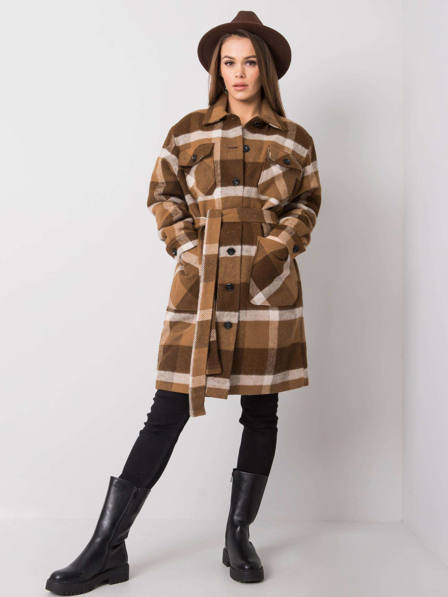 Hnedý dámsky károvaný kabát -LK-PL-508354.16X-brown Veľkosť: 42