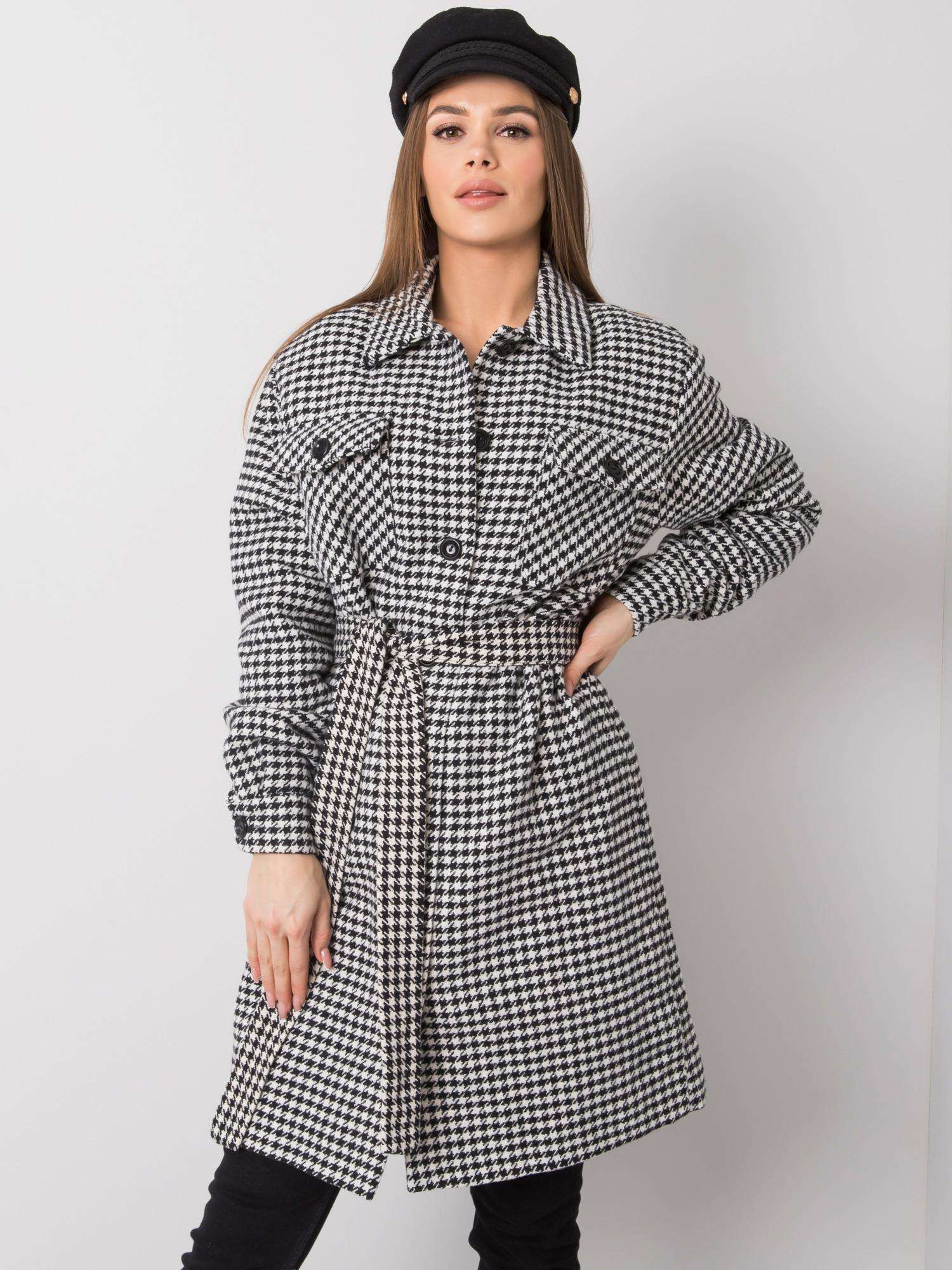 Čierno-biely dámsky kabát s pásikom -LK-PL-508342.98P-white-black Veľkosť: 42