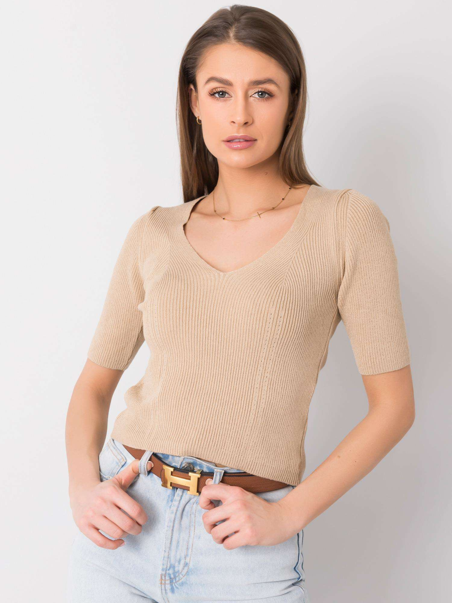 Béžové rebrované dámske tričko 251-BZ-10057.50-beige Veľkosť: ONE SIZE