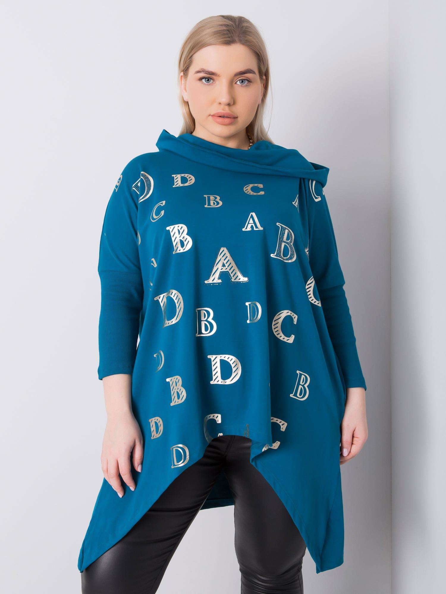 Petrolejová mikina s potlačou písmen RV-BZ-6458.46P-petrol blue Veľkosť: ONE SIZE