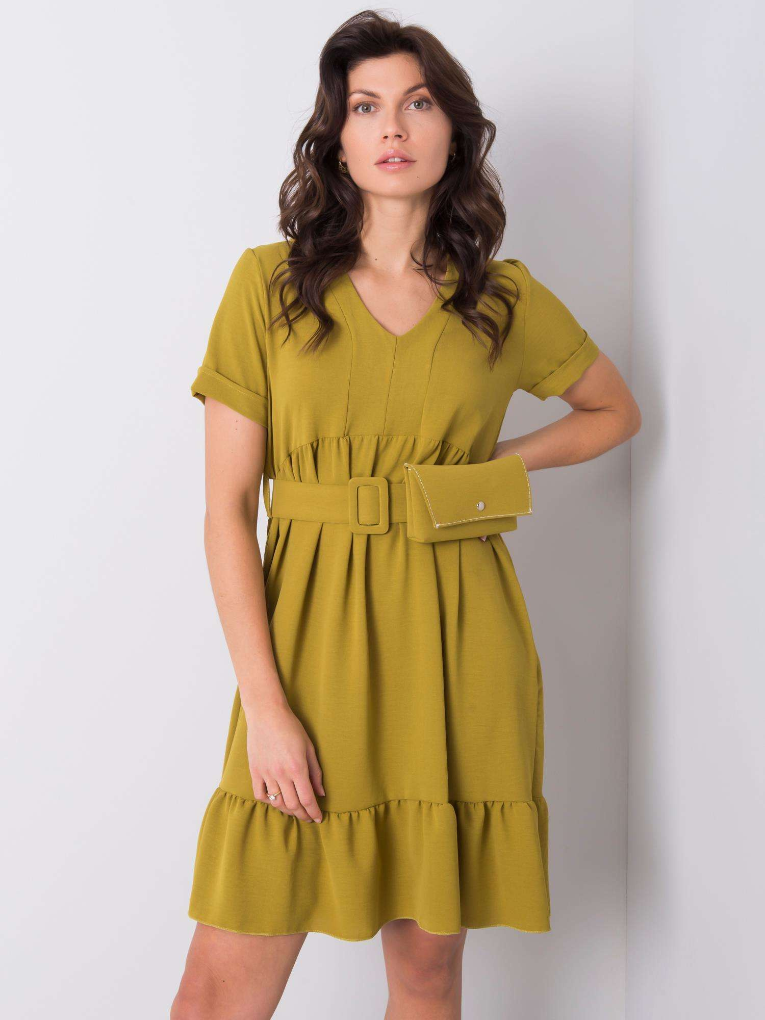 Khaki dámske šaty s opaskom DHJ-SK-13078.31P-khaki Veľkosť: ONE SIZE