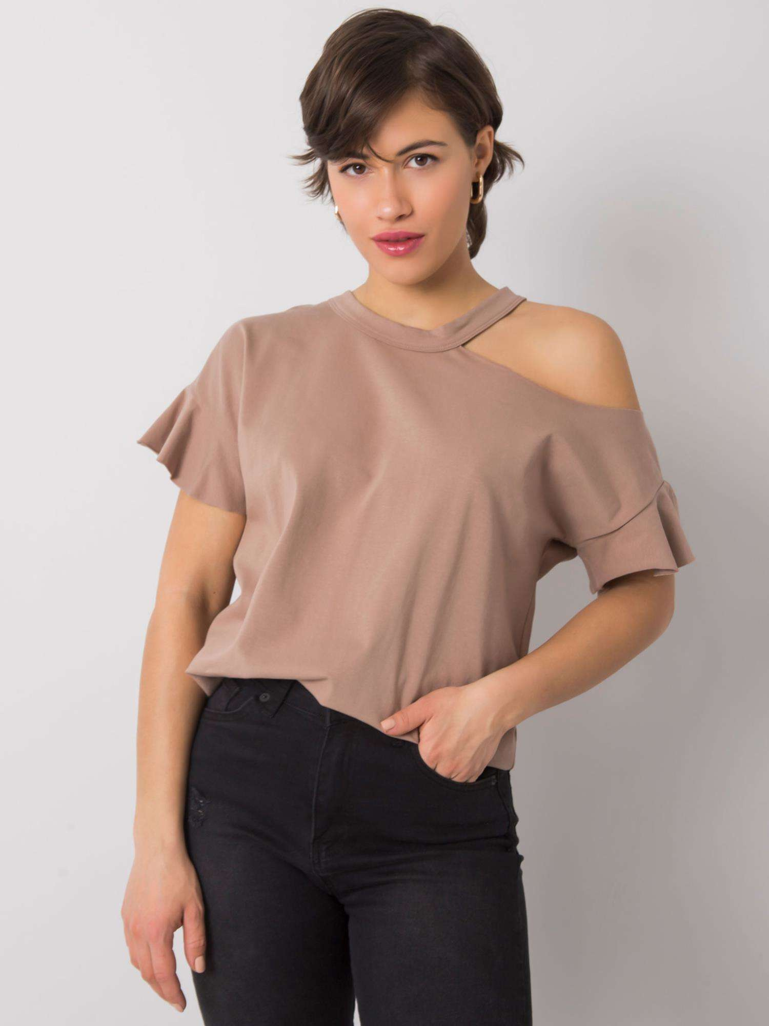 Béžové dámske tričko s prestrihom FA-BZ-6946.93P-beige Veľkosť: ONE SIZE