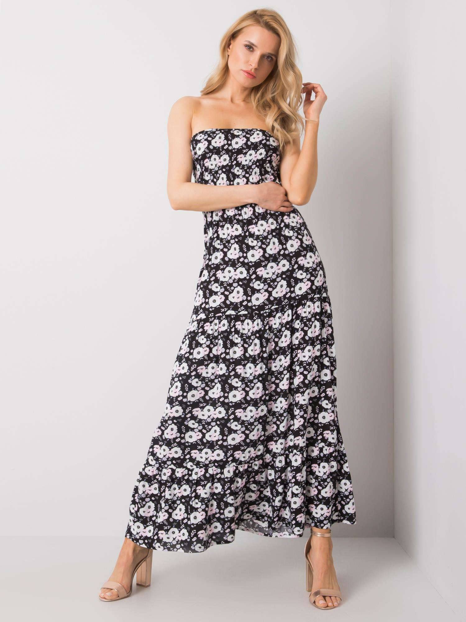 Čierne dámske maxi šaty s bielymi kvetmi D73771M30251-black Veľkosť: M/L