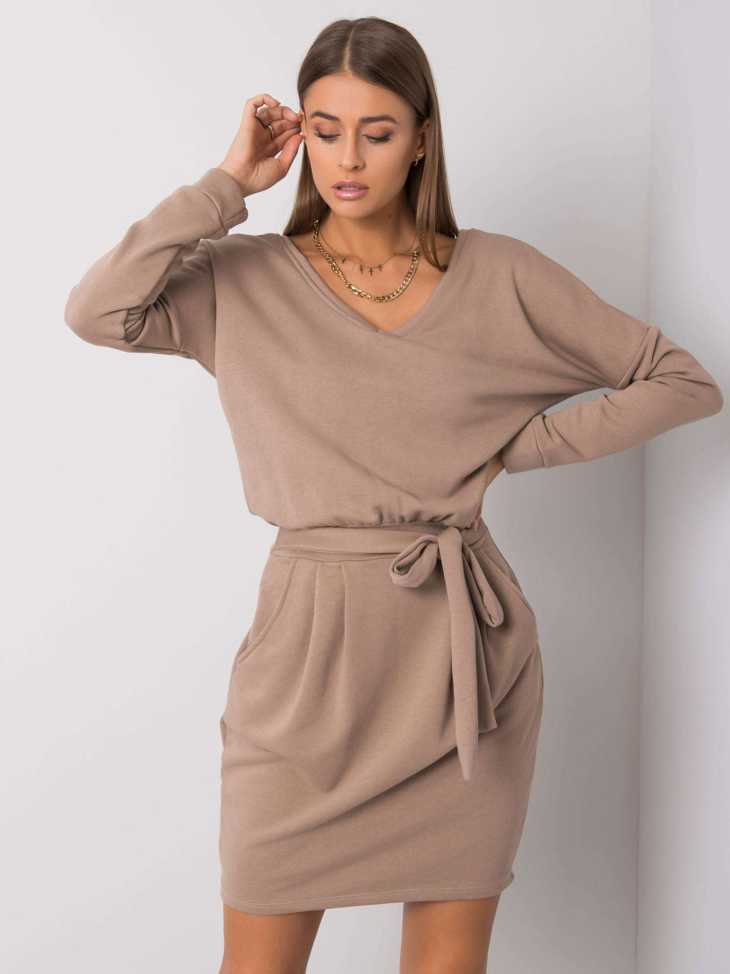 Béžové šaty na uviazanie v páse -RV-SK-6037.18X-beige Veľkosť: S