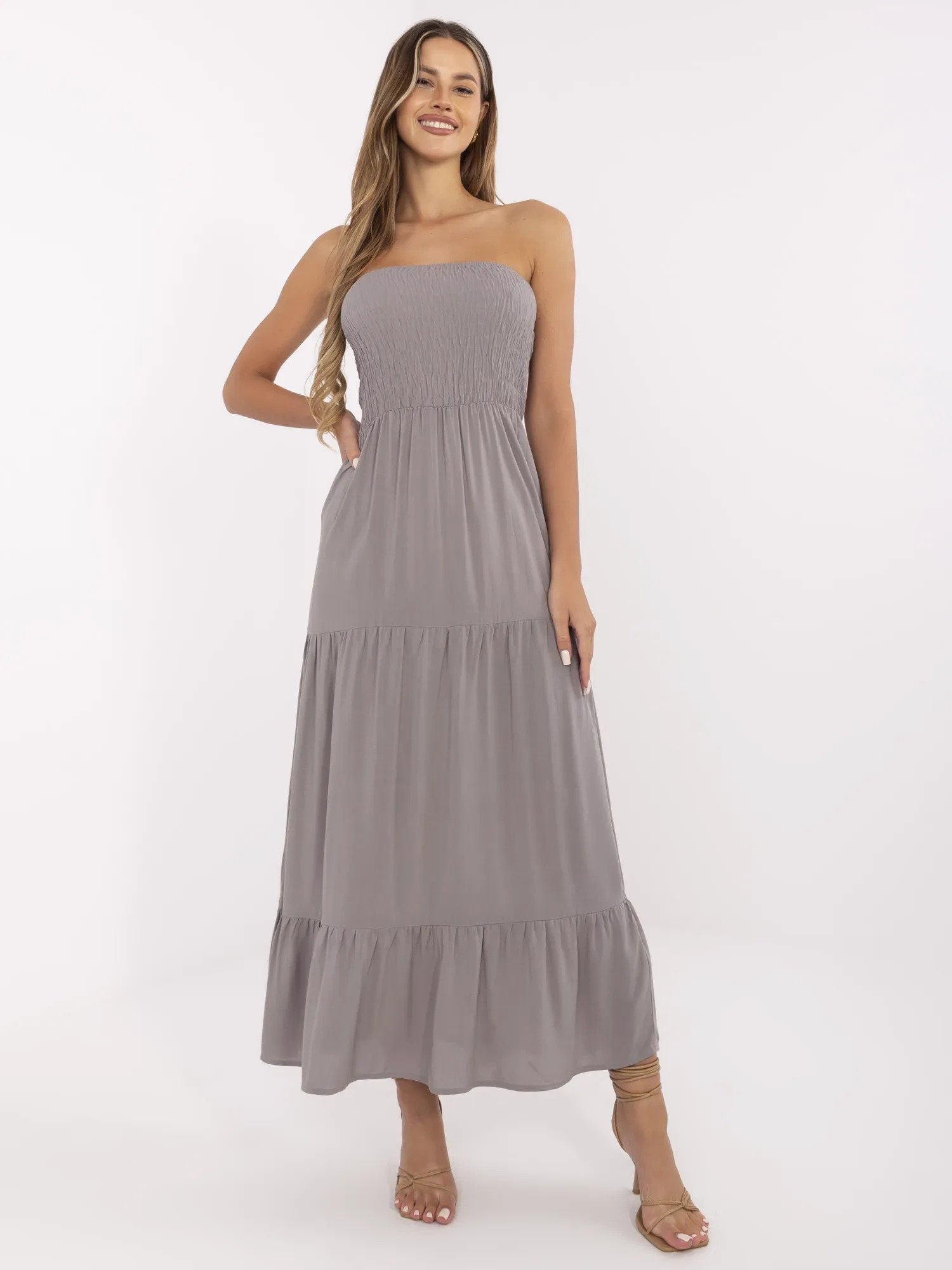 Šedé dámske dlhé šaty bez rukávov D73761M30251-gray Veľkosť: S/M