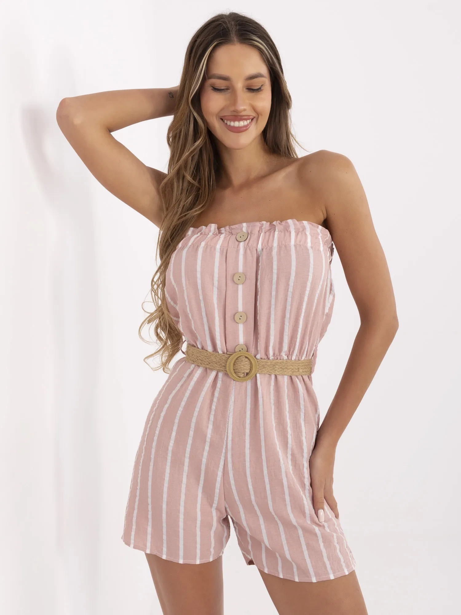 Ružový pruhovaný overal bez rukávov 361-KO-03042021.35-pink Veľkosť: S