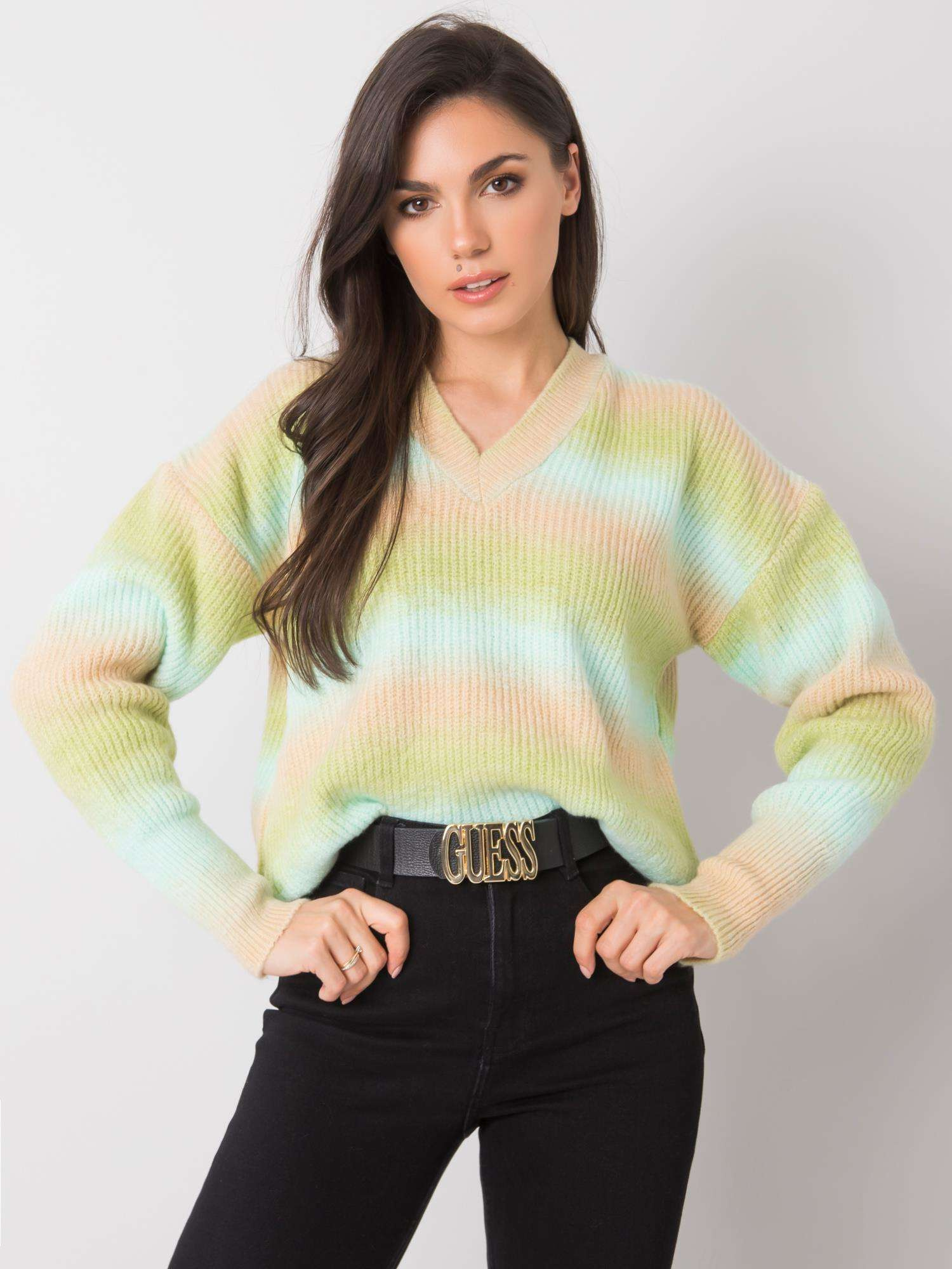 Zelený pruhovaný pletený sveter s výstrihom LC-SW-0022.20-green Veľkosť: L/XL