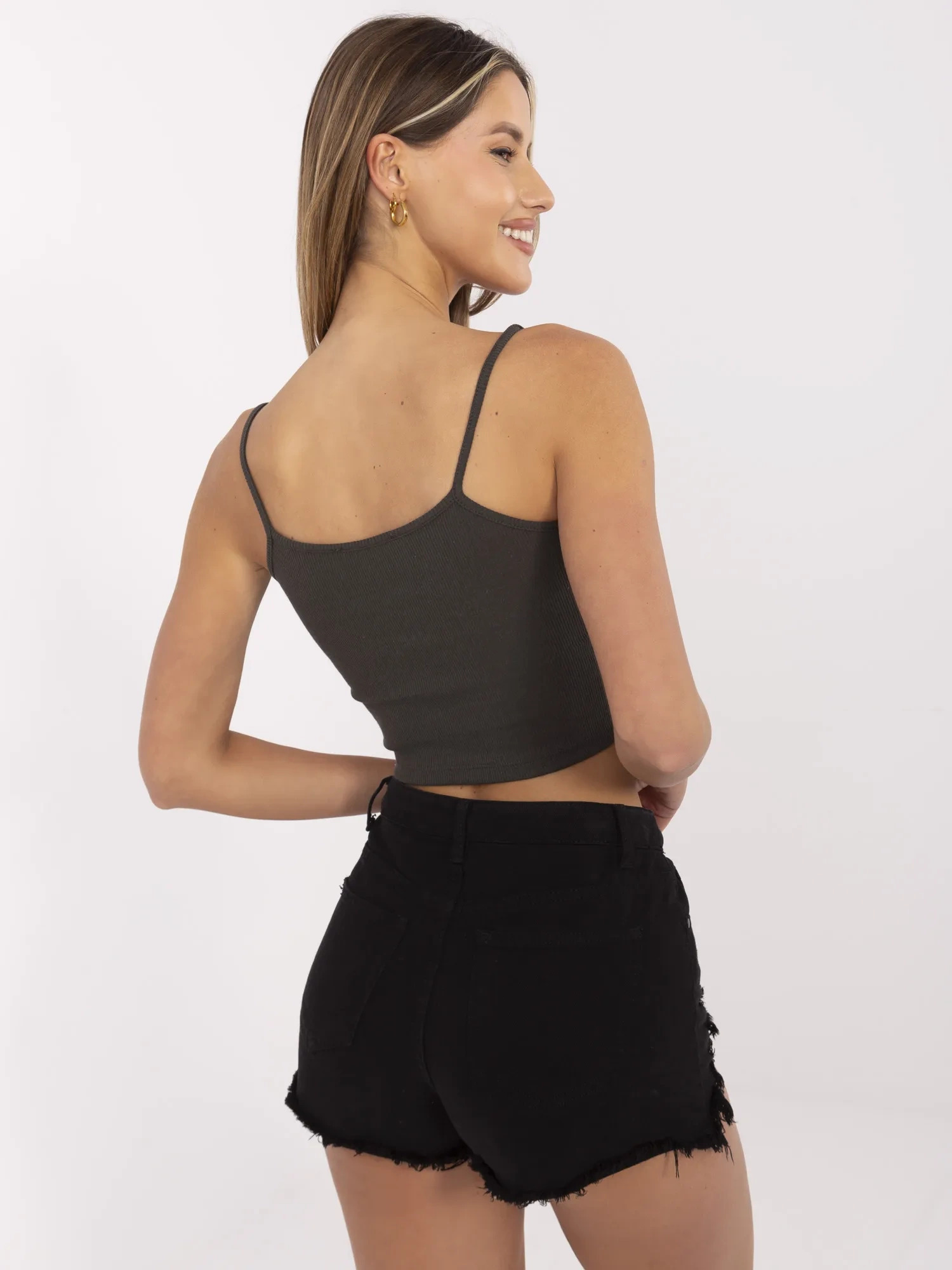 Khaki krátky top na ramienka RV-TP-6626.88-khaki Veľkosť: S