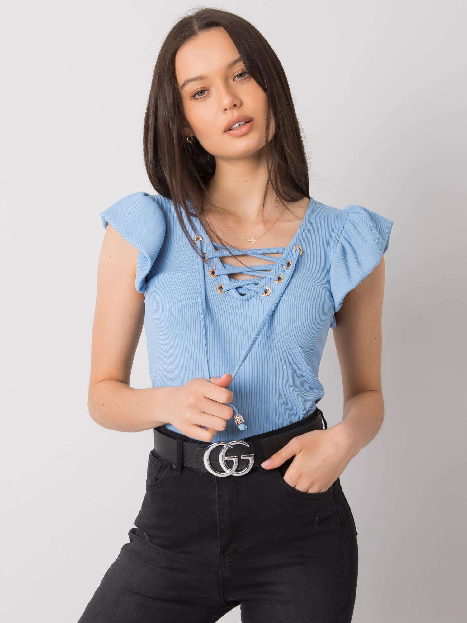 Svetlo modré dámske tričko s viazaním DHJ-BZ-13301.34P-blue Veľkosť: ONE SIZE