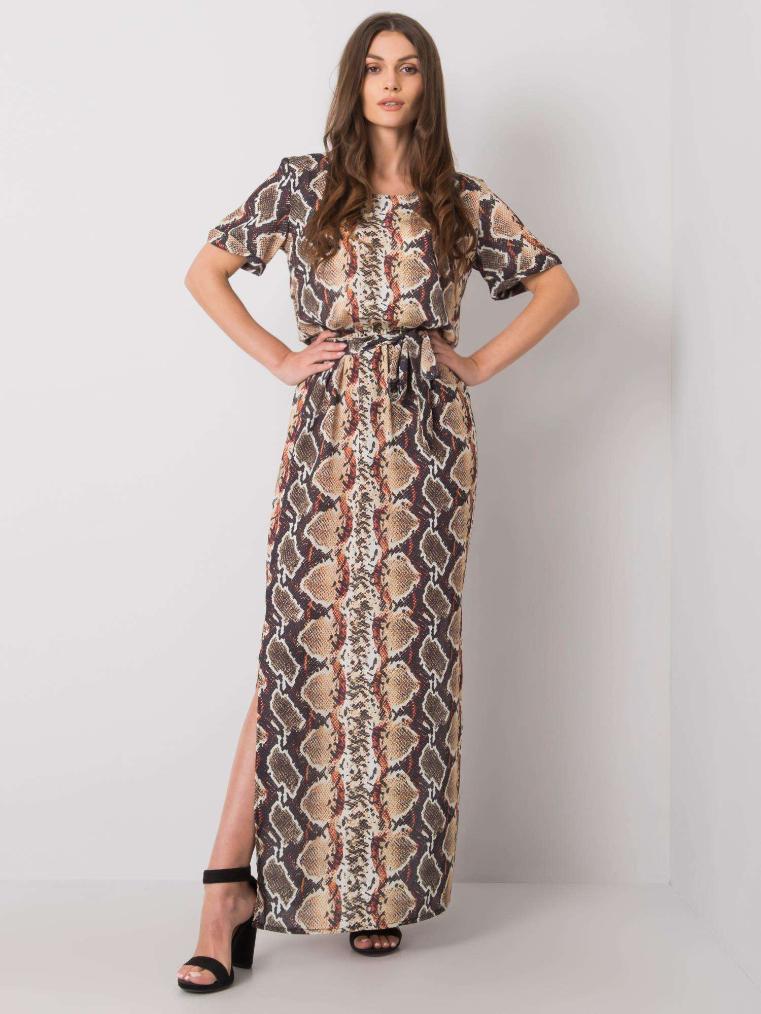 Béžové dlhé šaty s imitáciou hadej kože -LK-SK-507343.07P-beige Veľkosť: 36