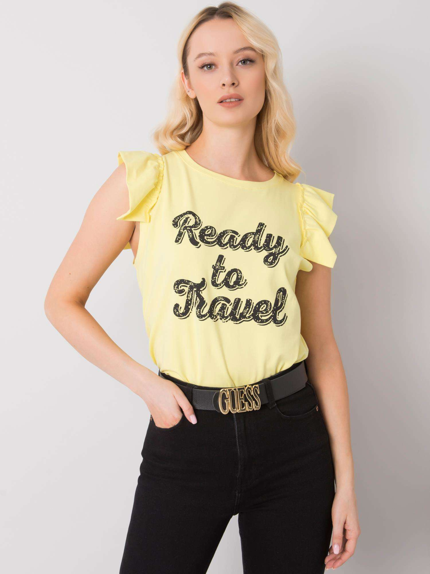 Žlté dámske tričko s nápisom a volánmi -FA-BZ-7191.10P-yellow Veľkosť: ONE SIZE