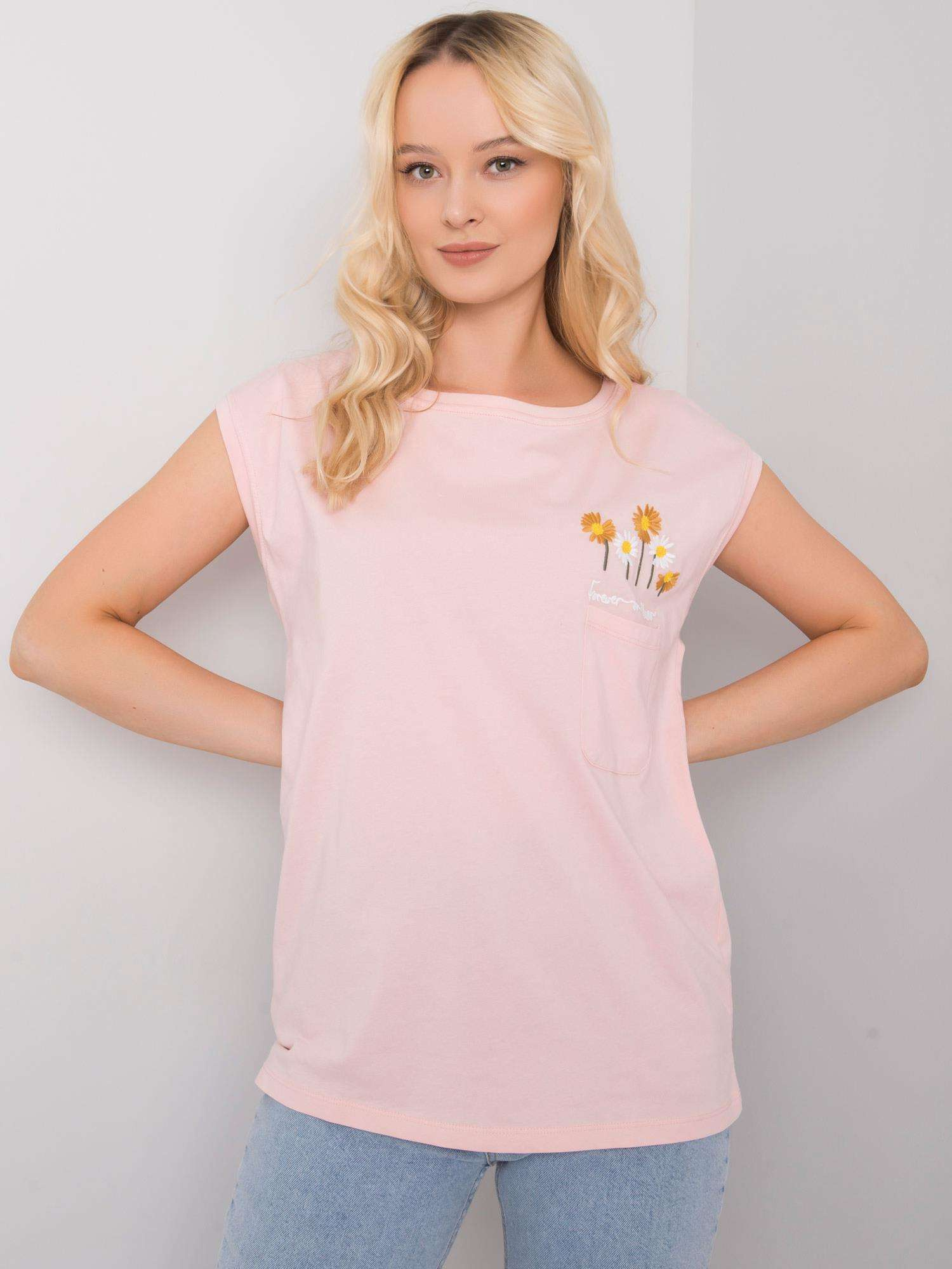 Svetlo ružové tričko s výšivkou kvetín a vreckom FA-BZ-7157.19-pink Veľkosť: ONE SIZE