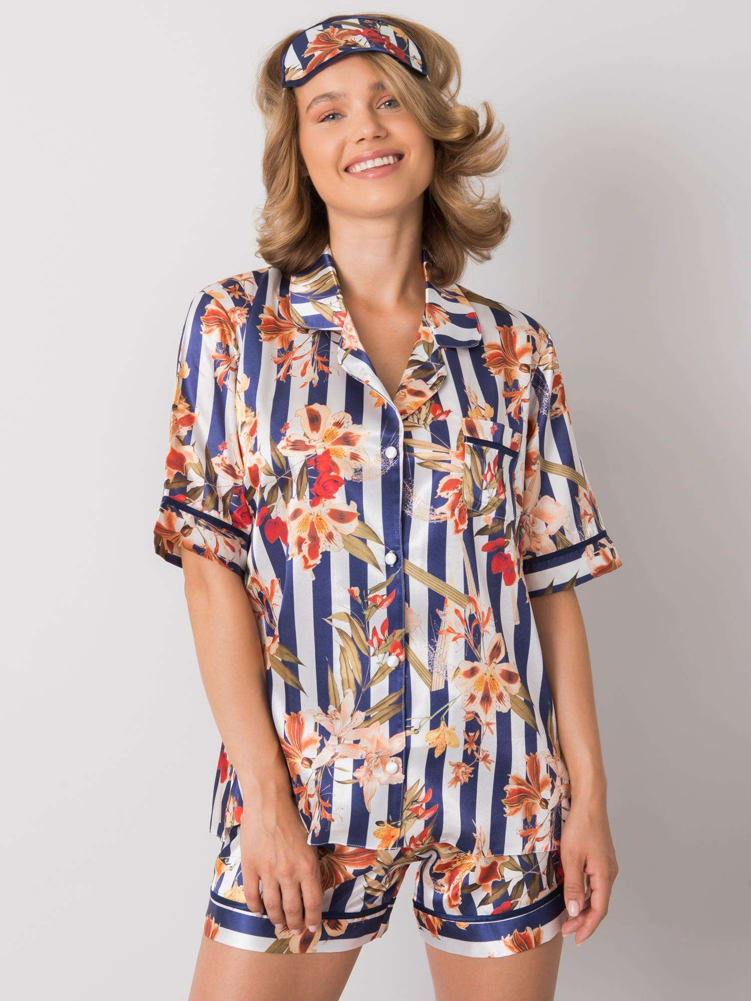Dámske pruhované pyžamo so vzorom kvetín -BR-KMPL-7042-blue Veľkosť: XL