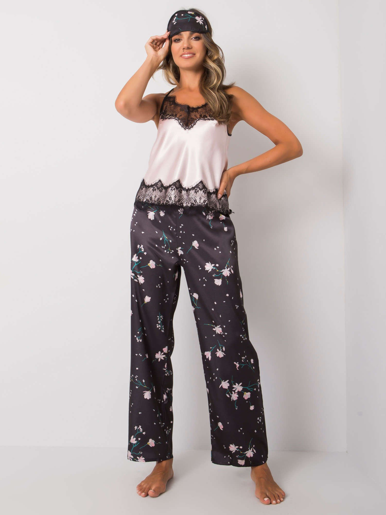 Čierno-ružové kvetinové pyžamo s maskou na oči -BR-KMPL-4157-black-white Veľkosť: XL