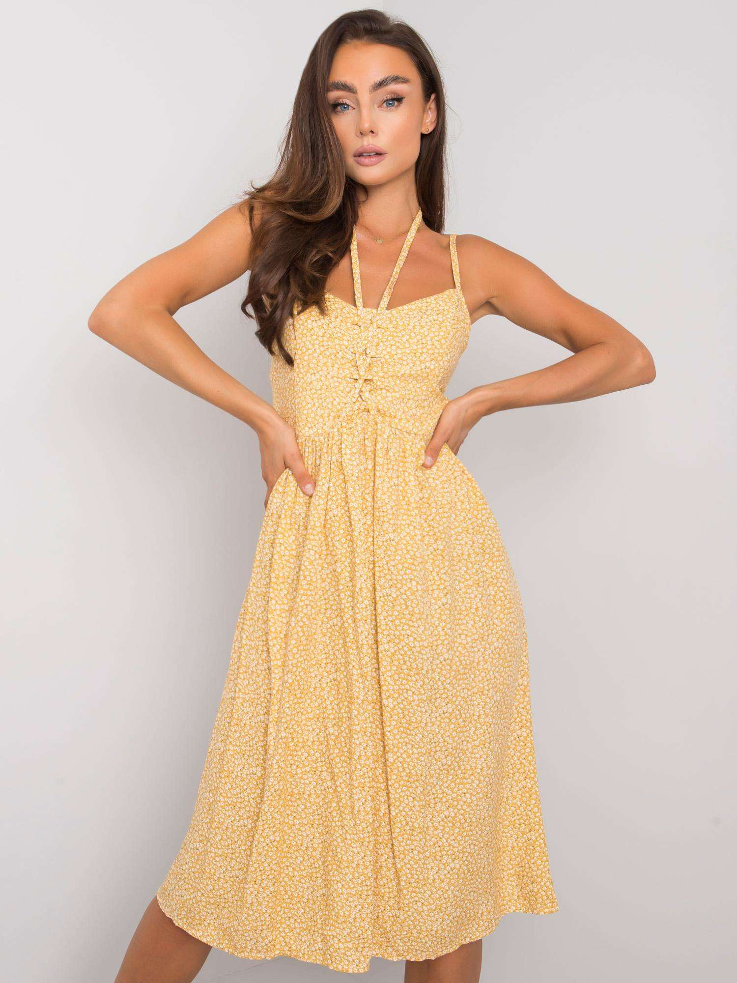 Žlté kvetinové midi šaty -RO-SK-8009-1.87P-yellow Veľkosť: S