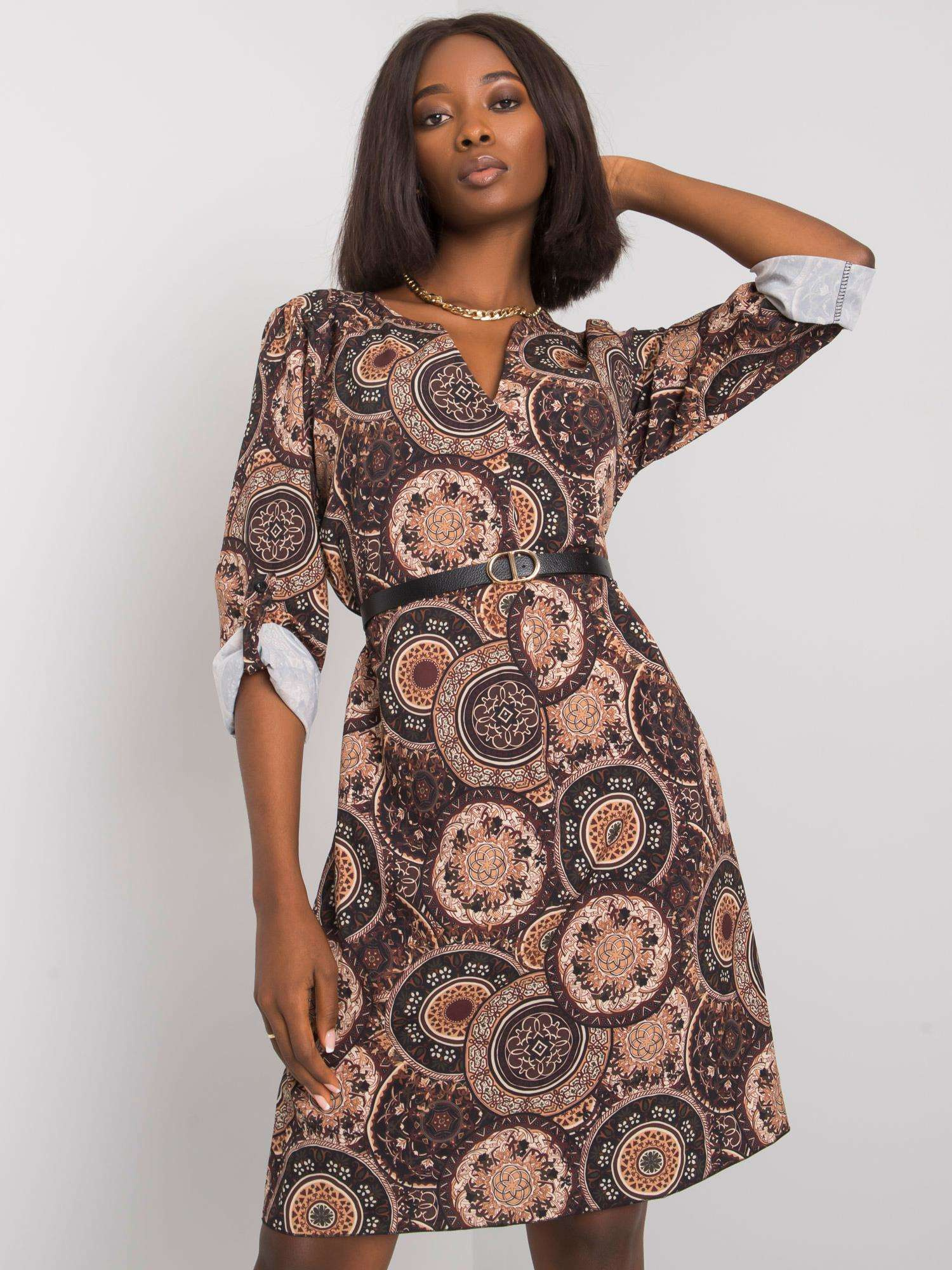 Hnedé vzorované šaty -DHJ-SK-12336B.74P-brown Veľkosť: ONE SIZE