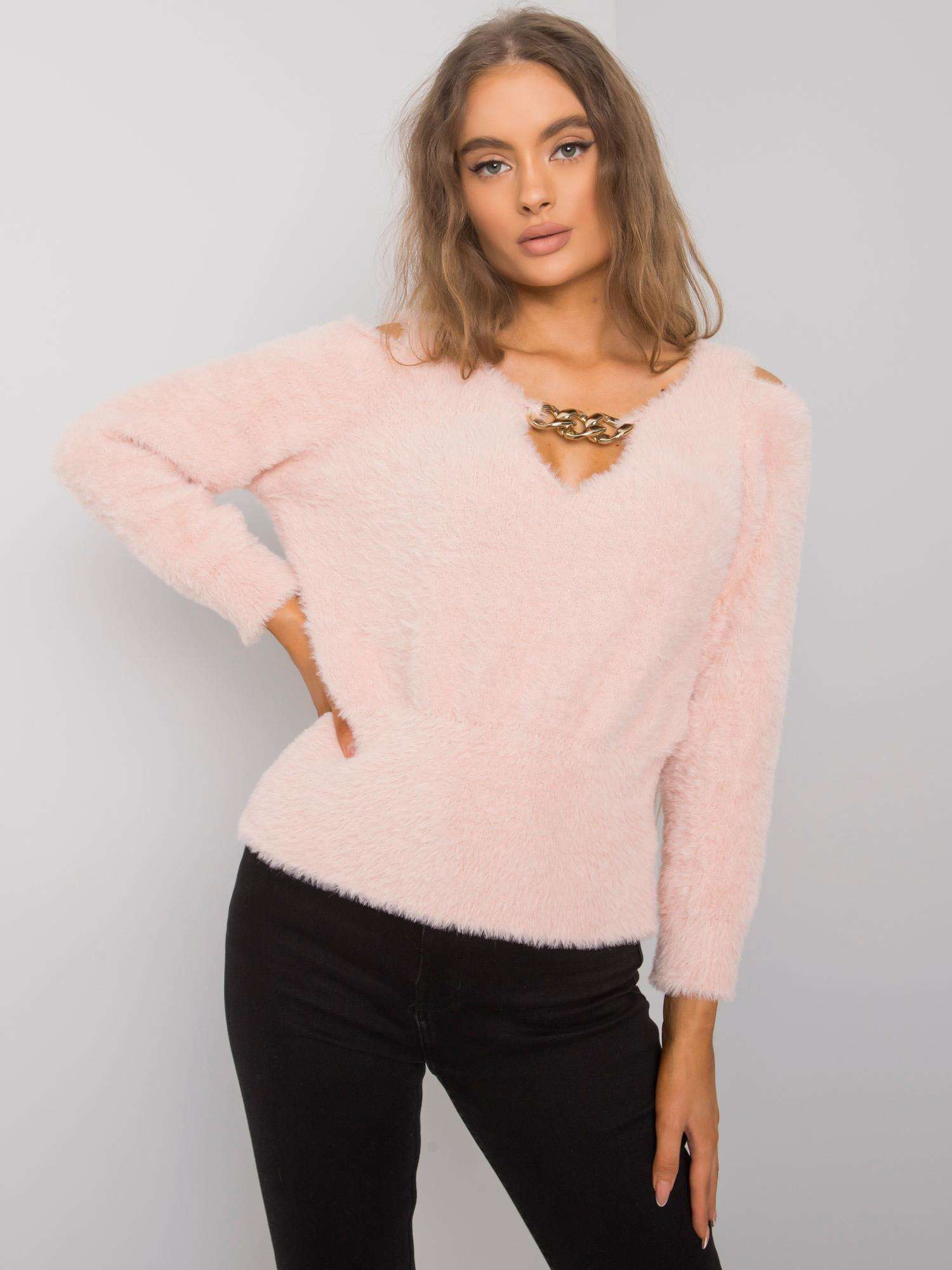 Púdrový huňatý sveter s retiazkou LC-SW-7033.27X-powder pink Veľkosť: ONE SIZE