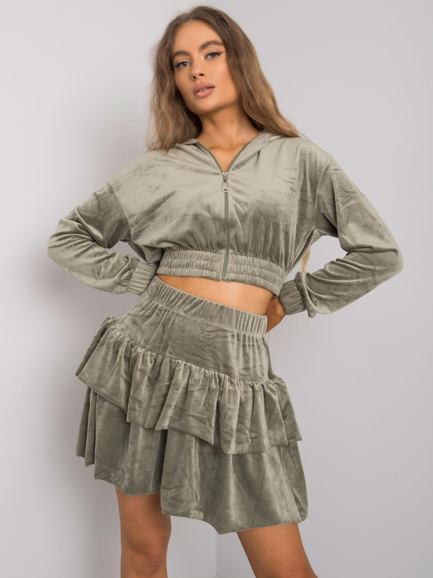 Khaki velúrový komplet mikiny a sukne FA-KMPL-7315.92-khaki Veľkosť: L/XL