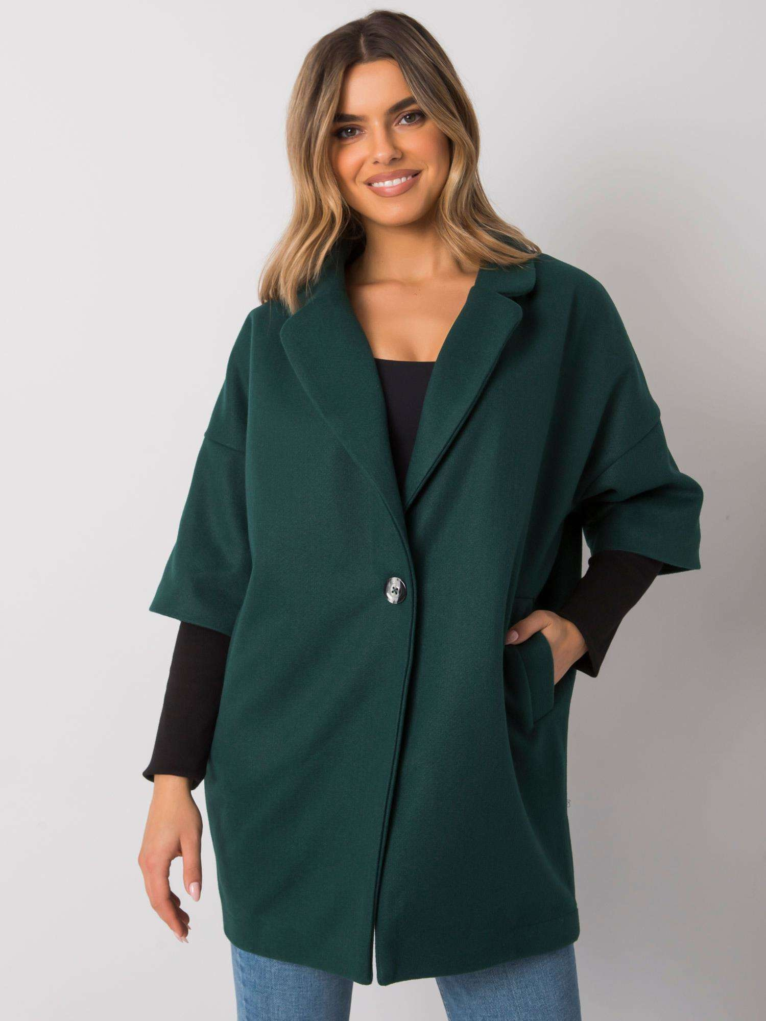 Tmavozelený voľný kabát -CHA-PL-0409.30X-dark green Veľkosť: S/M
