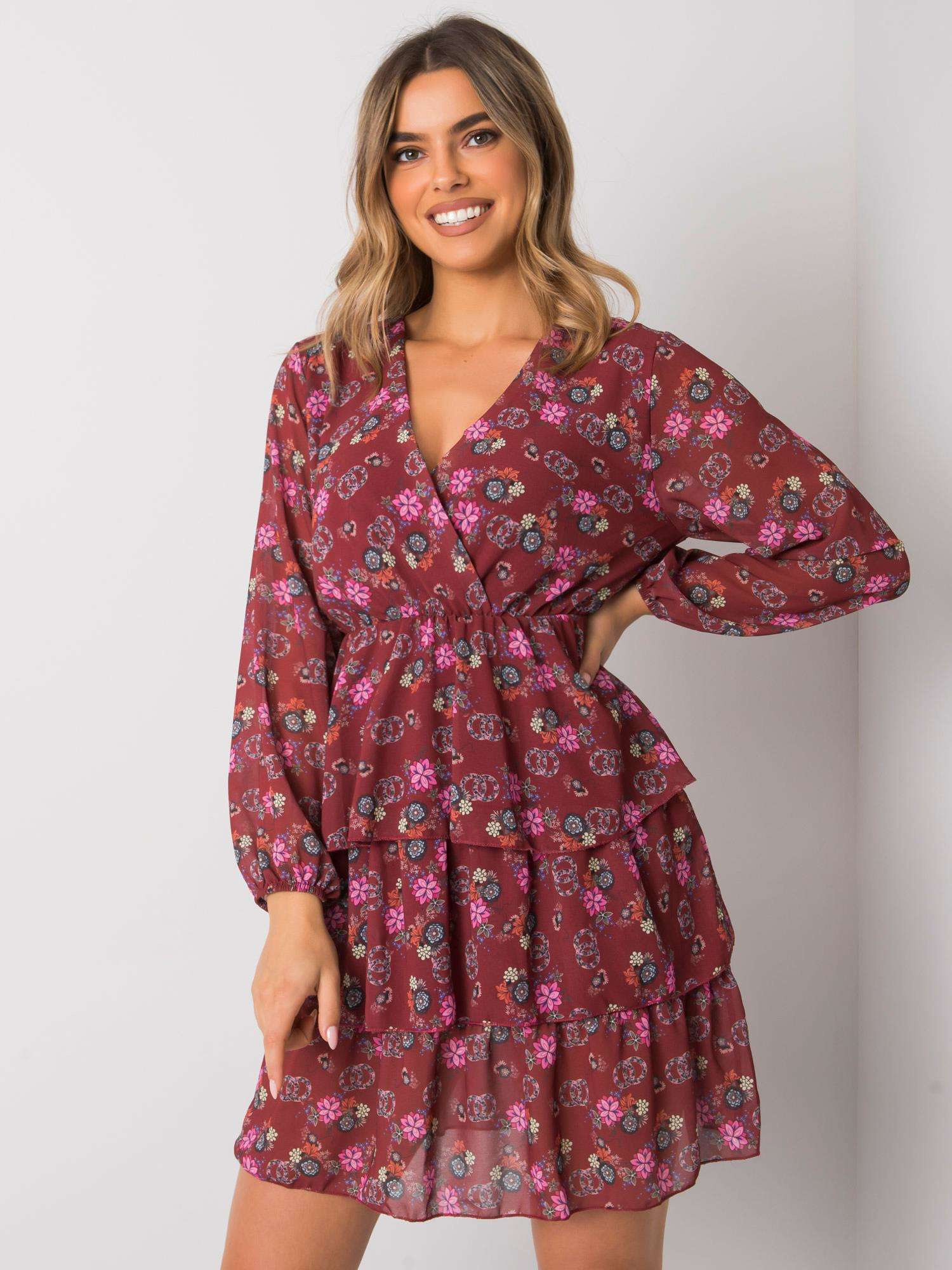 Vínové kvetinové mini šaty -WN-SK-21049.38X-bordo Veľkosť: S/M