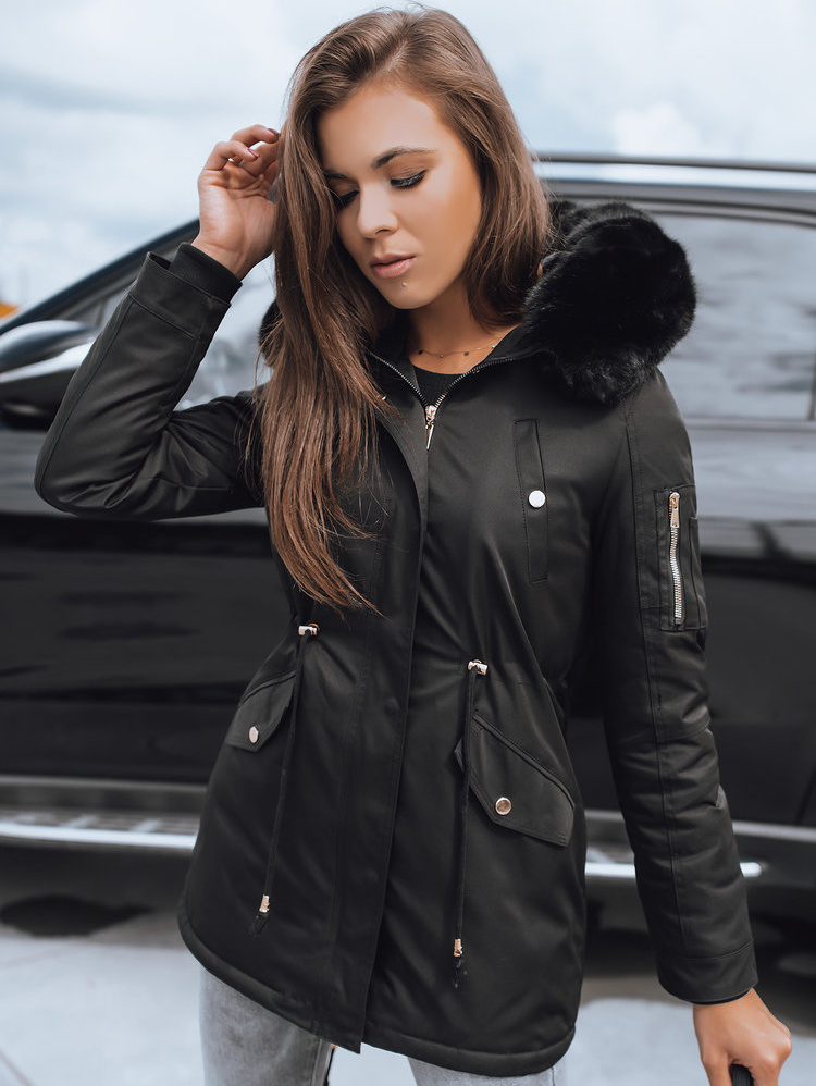 Čierna dámska parka s kožušinovou kapucňou TY2089 Veľkosť: 2XL