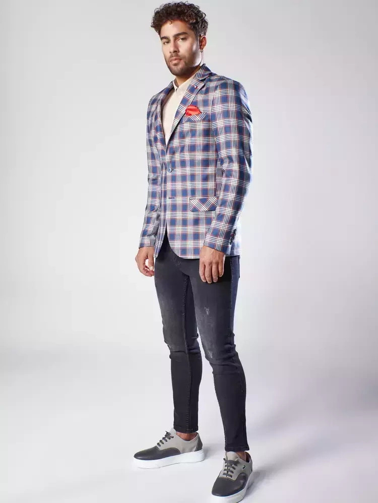 Tmavomodré pánske kárované sako MX0557 Veľkosť: M