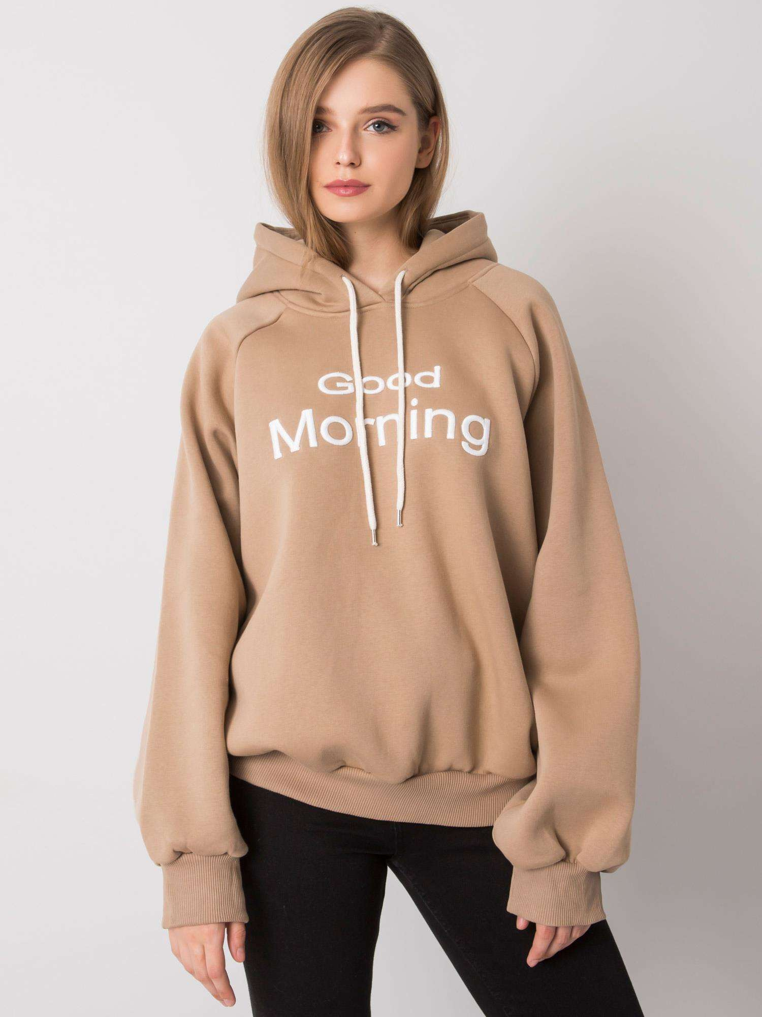 Béžová mikina s nápisom a kapucňou -em-BL-651 / 1.21X-dark beige Veľkosť: S/M