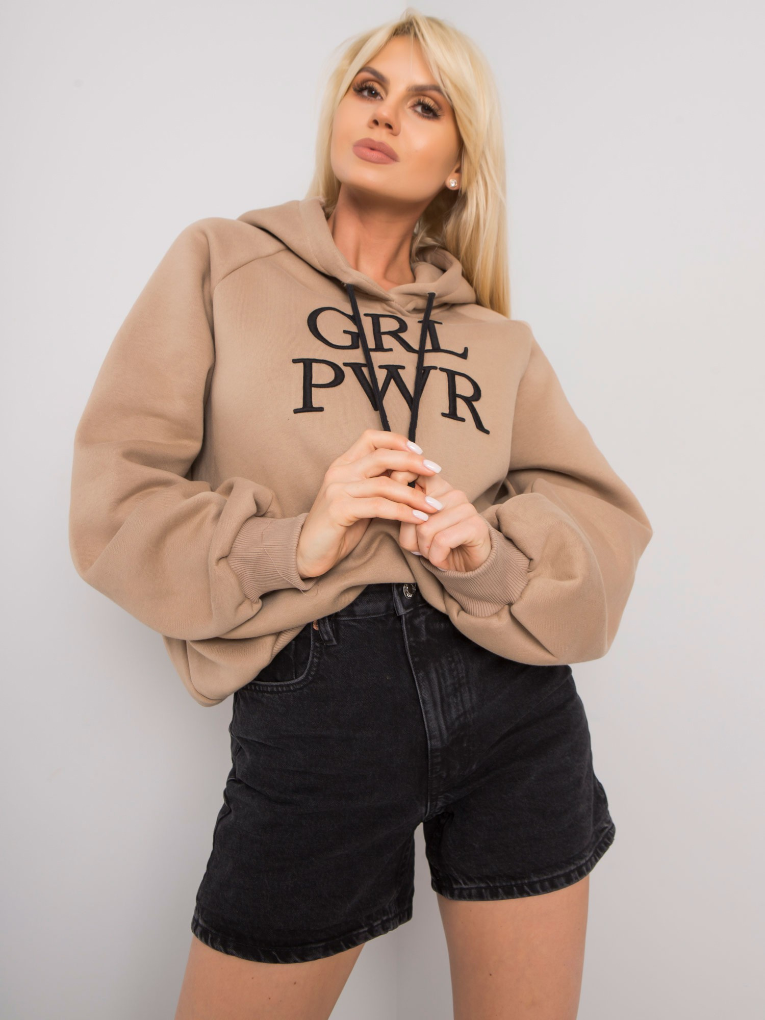 Béžová dámska mikina s nápisom EM-BL-651 / 3.39X-dark beige Veľkosť: L/XL