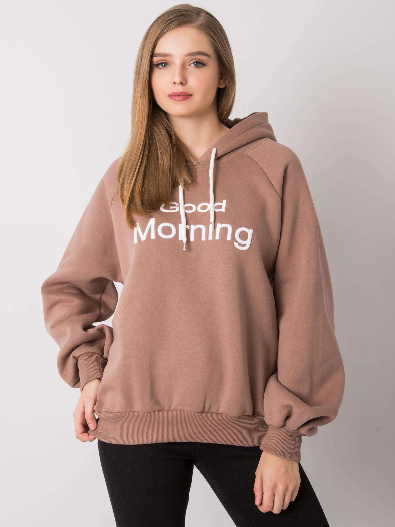 Hnedá mikina s nápisom a kapucňou -em-BL-651 / 1.21X-light brown Veľkosť: S/M
