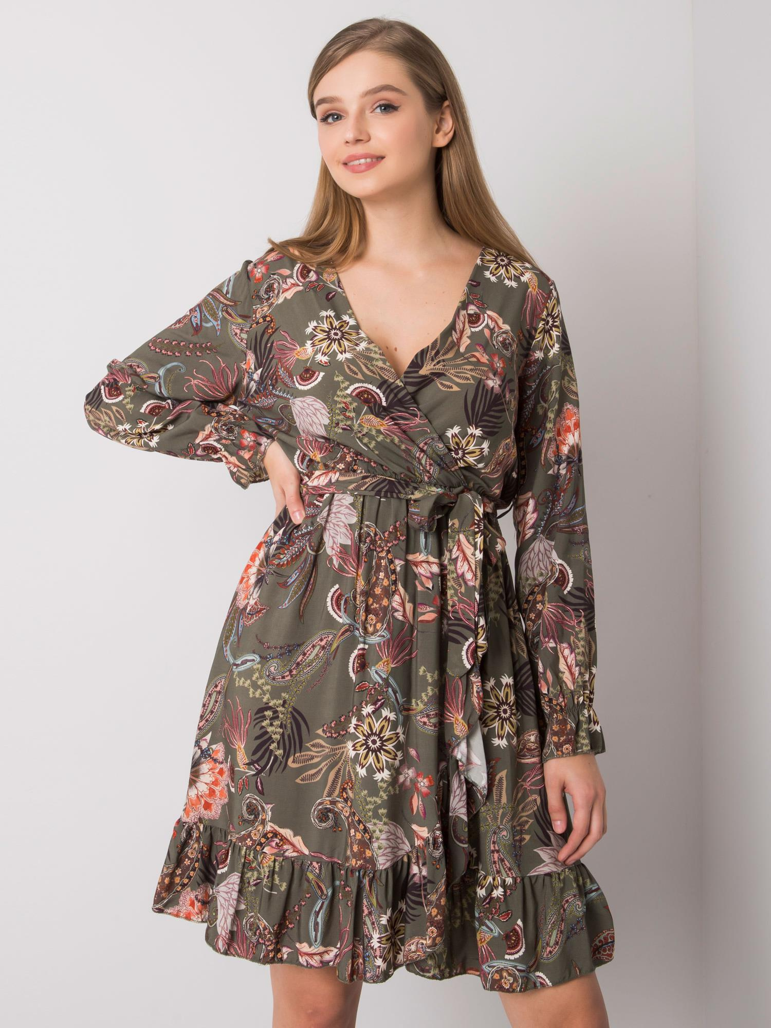 Khaki vzorované šaty s opaskom TW-SK-BI-H2515.38X-khaki [vyzul] Veľkosť: ONE SIZE