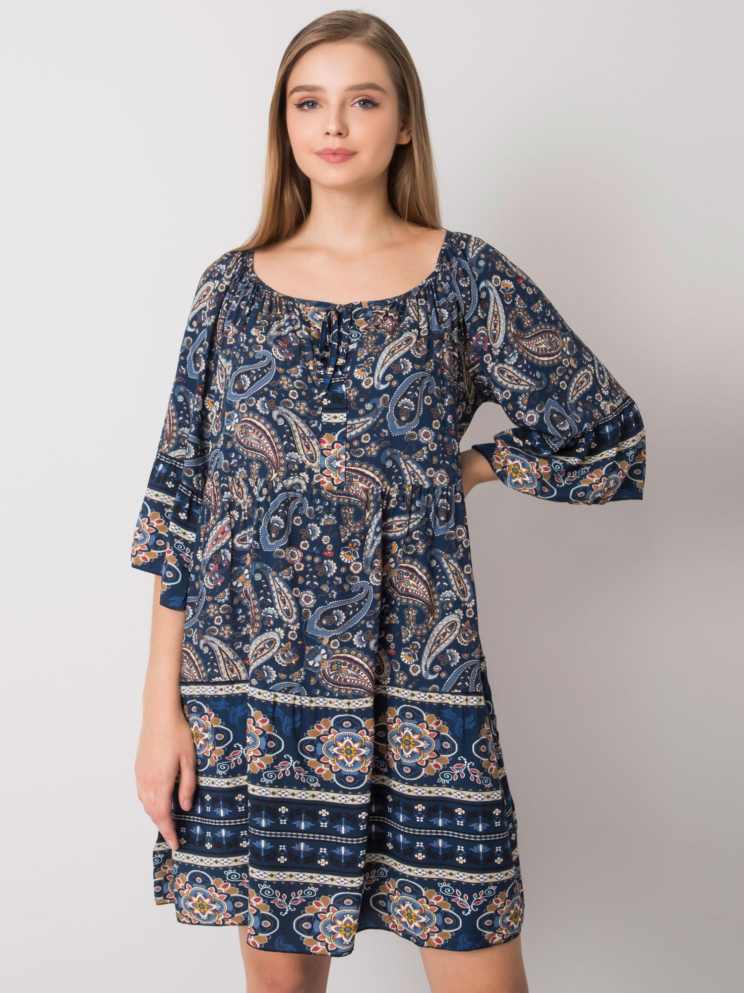 TMAVO MODRÉ VZOROVANÉ ŠATY -TW-SK-BI-H3004.37X-DARK BLUE Veľkosť: ONE SIZE