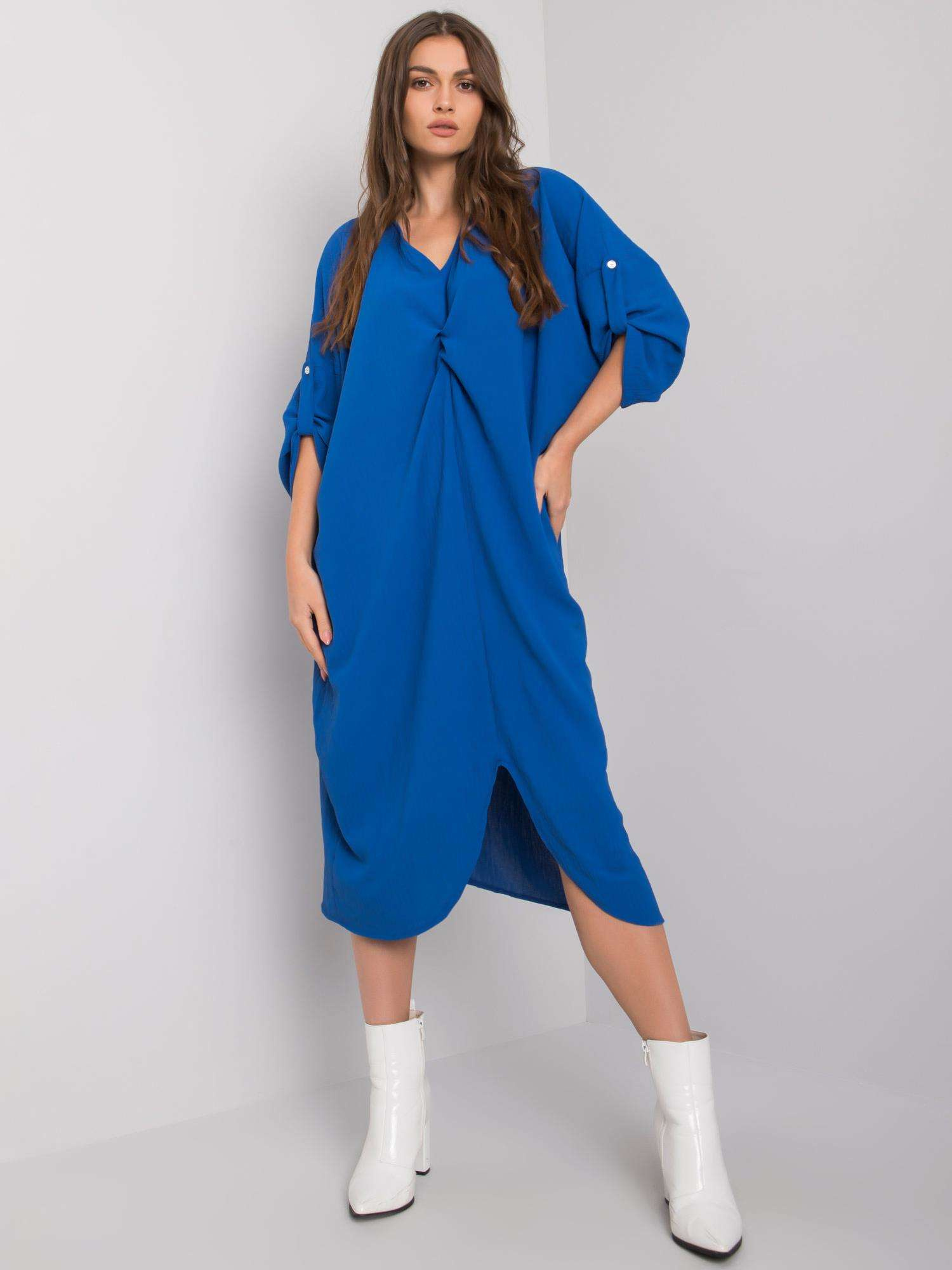Modré midi šaty DHJ-SK-20148.20-dark blue Veľkosť: ONE SIZE