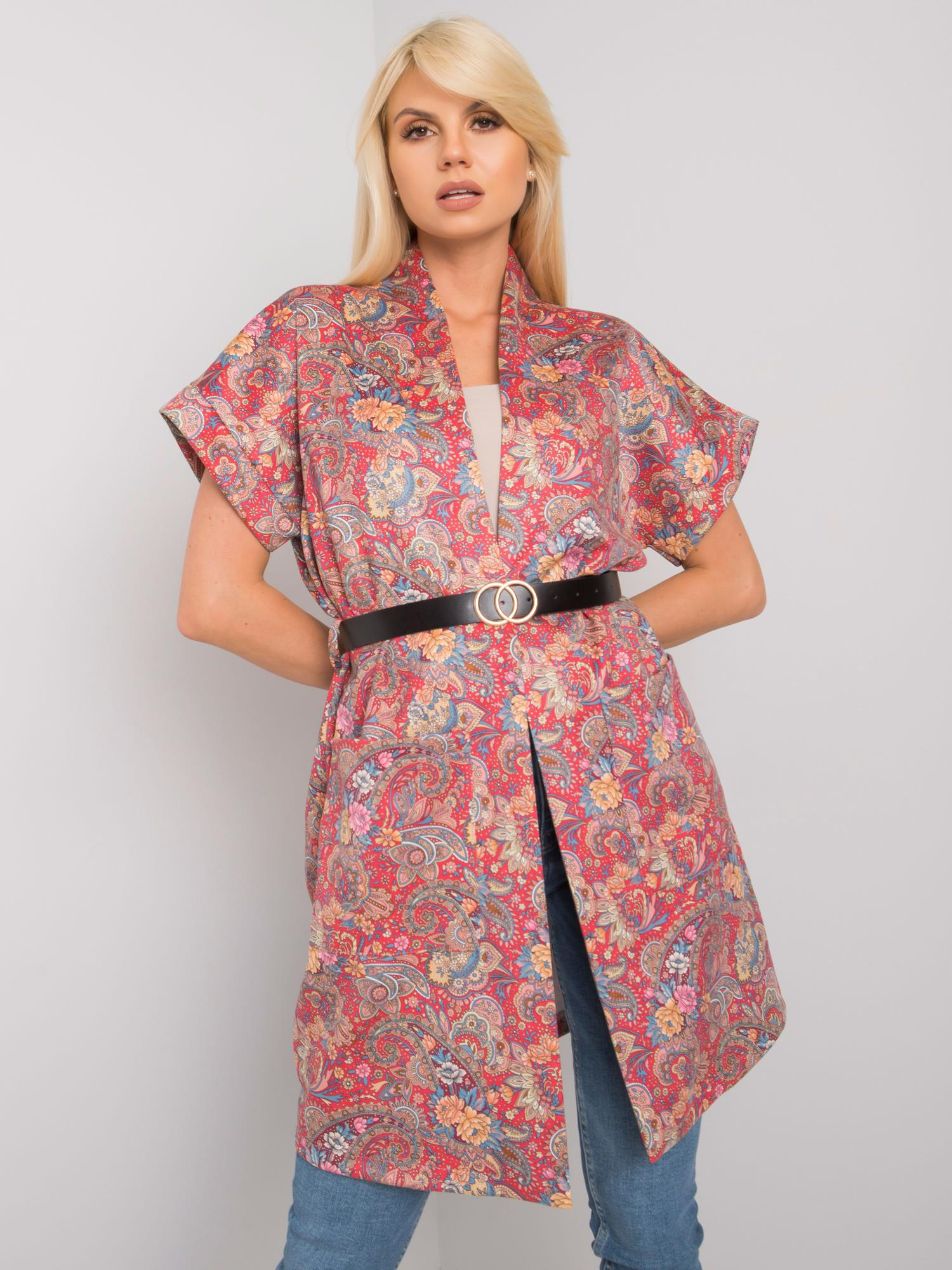 Červený vzorovaný kardigan s krátkymi rukávmi DHJ-PL-6025A.24X-red Veľkosť: ONE SIZE