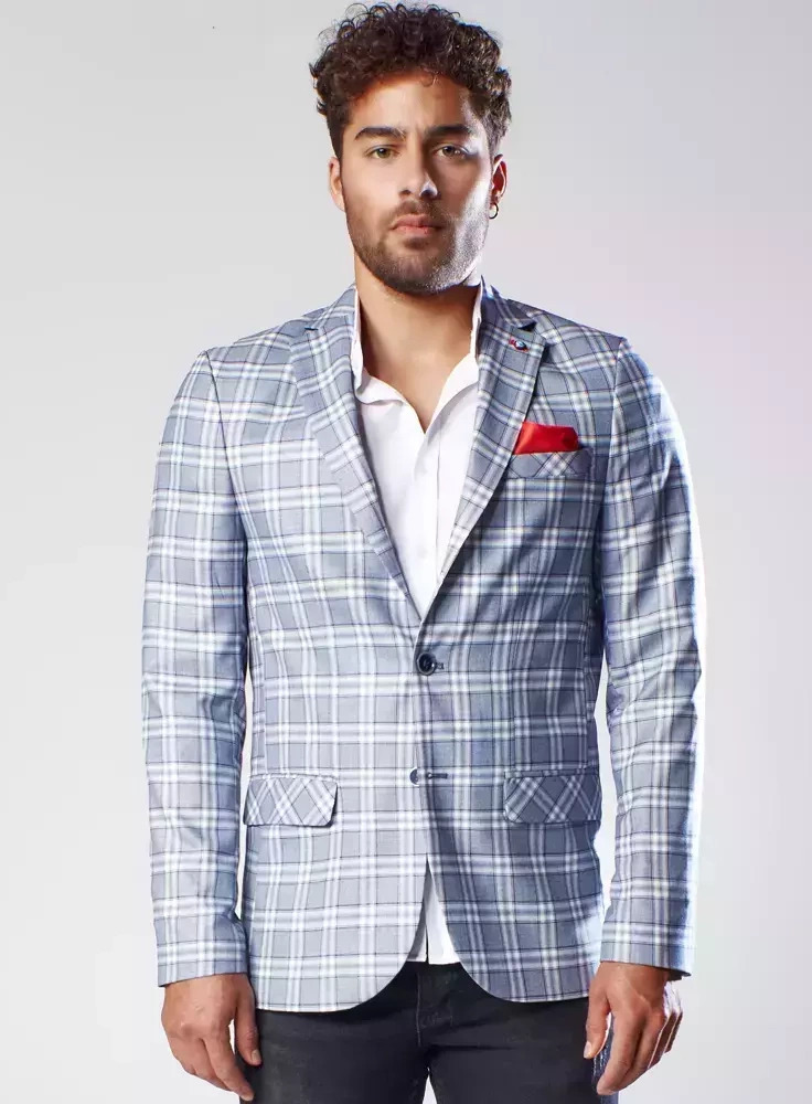 Modré kárované pánske sako MX0554 Veľkosť: M