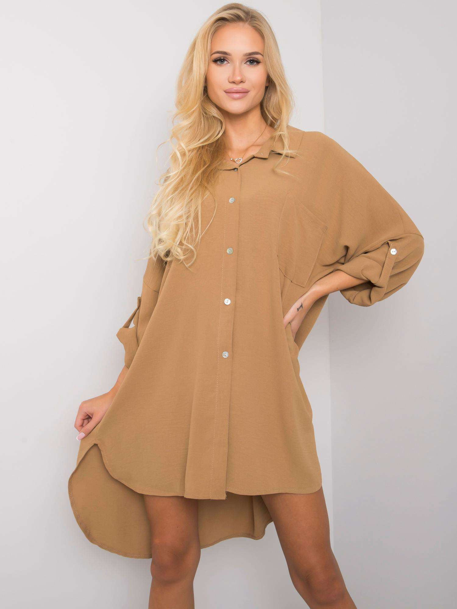 Béžové košeľové šaty s výstrihom na chrbte DHJ-SK-13938.02P-beige Veľkosť: ONE SIZE