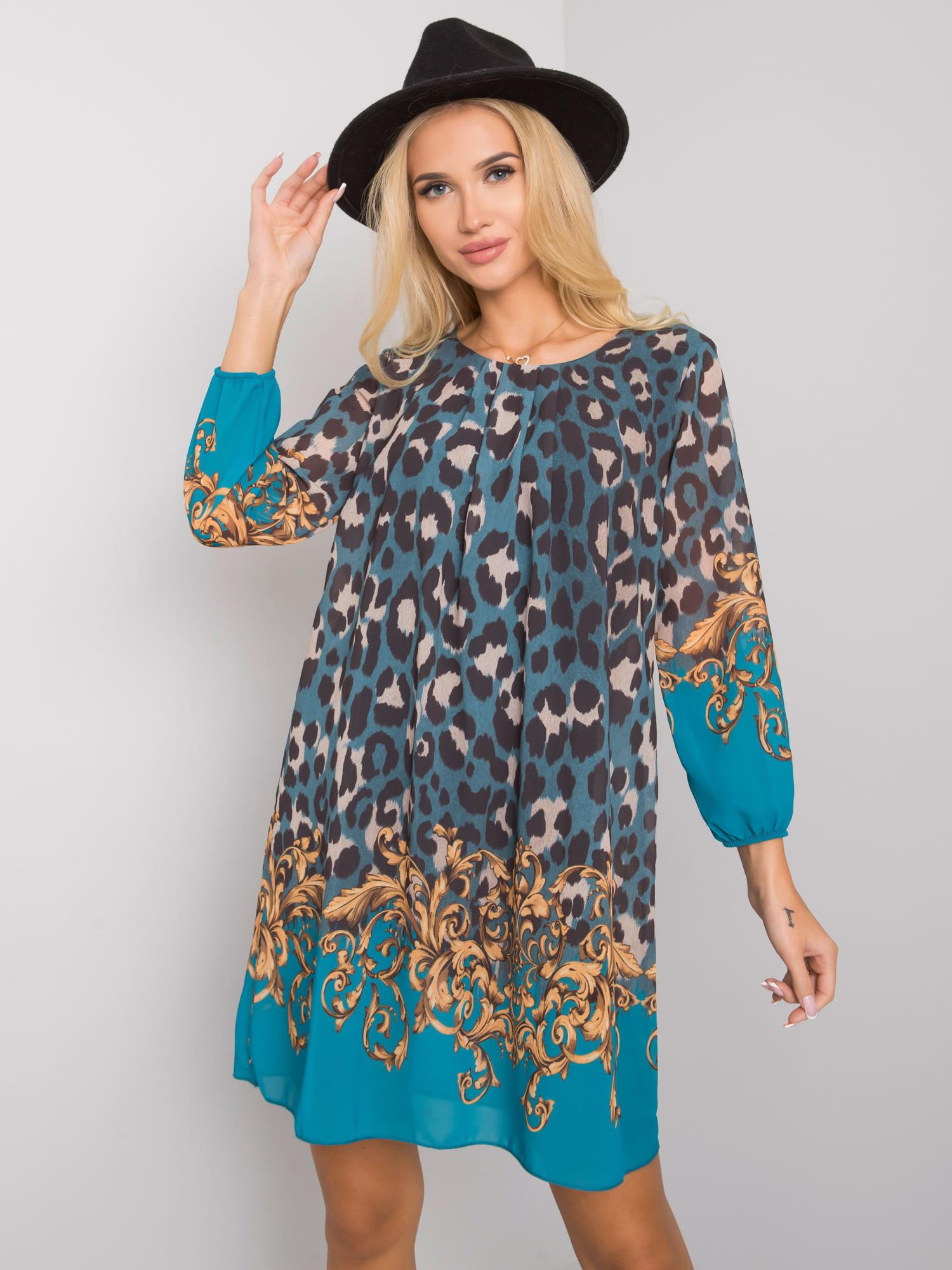 Tyrkysové šaty s farebnými vzormi -TW-SK-BI-2667-2.92P-turquoise Veľkosť: M