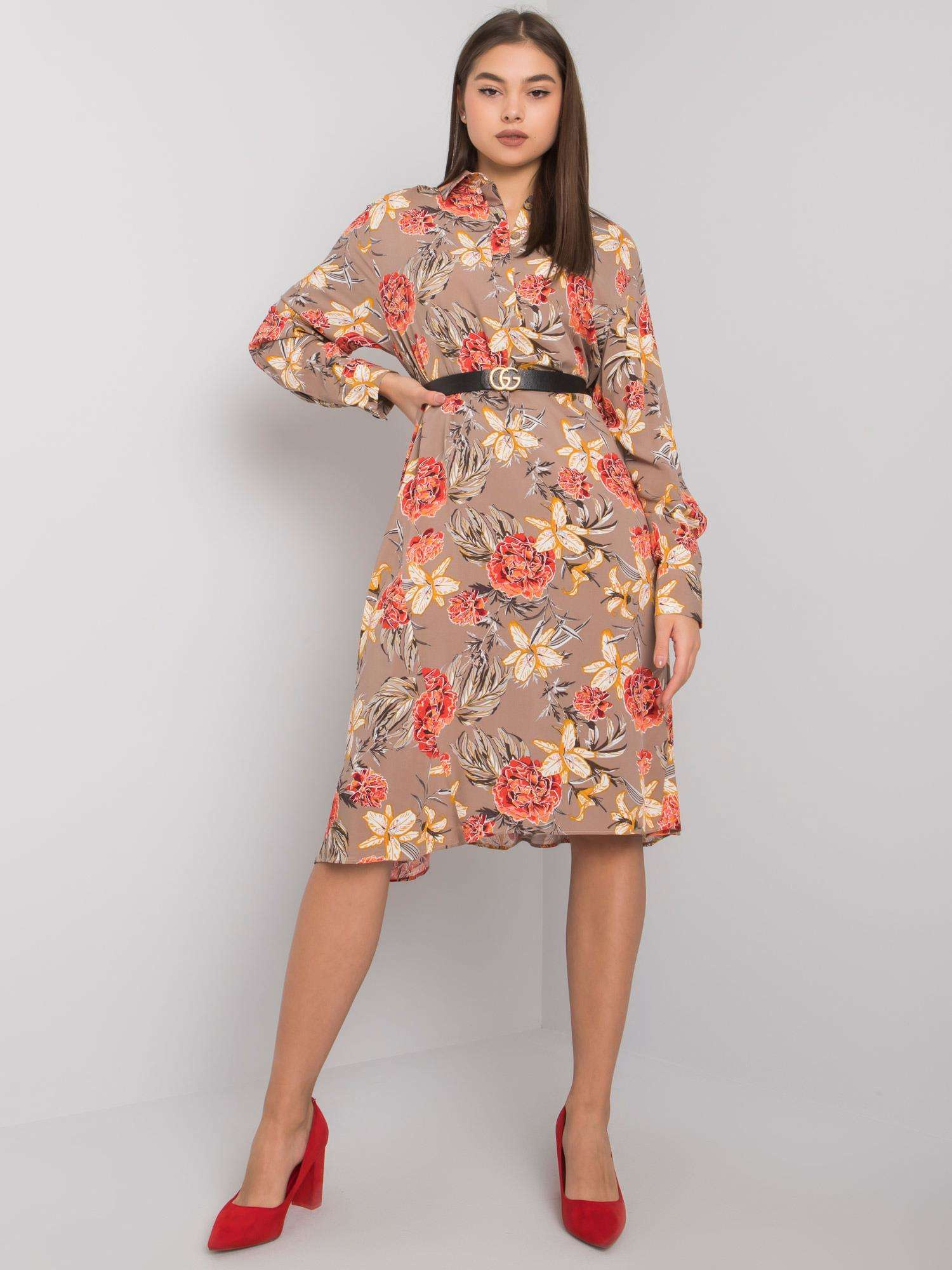Béžové dámske šaty s kvetmi EM-SK-2909-3.37-dark beige Veľkosť: ONE SIZE