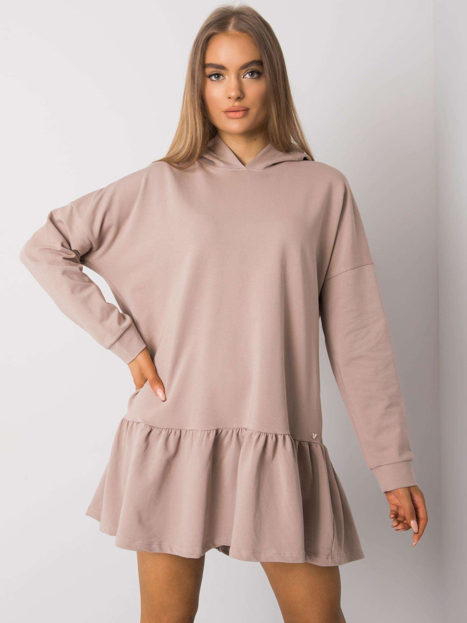Béžové dámske mikinové šaty s volánom RV-SK-7184.22X-beige Veľkosť: S/M