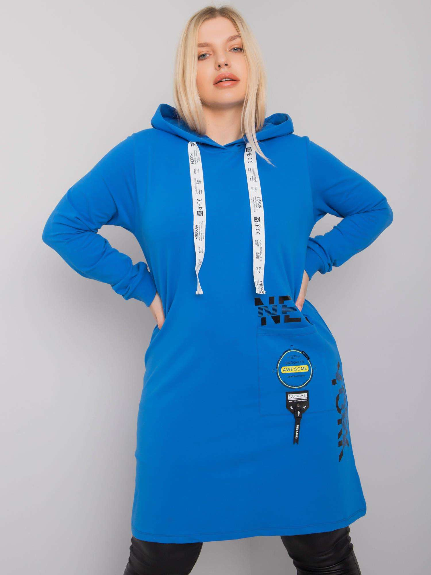 Modrá mikinová tunika s potlačou na šnúrkach kapucne RV-TU-7221.80P-blue Veľkosť: ONE SIZE