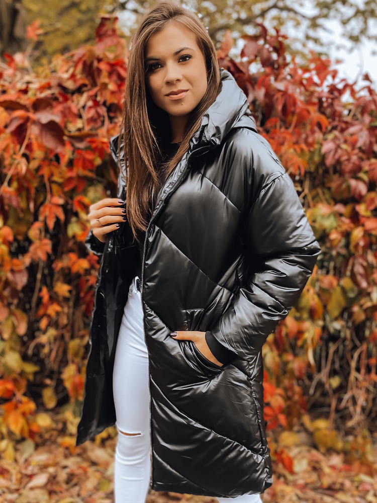 Čierny dámsky lesklý zimný prešívaný kabát TY2409 Veľkosť: XL