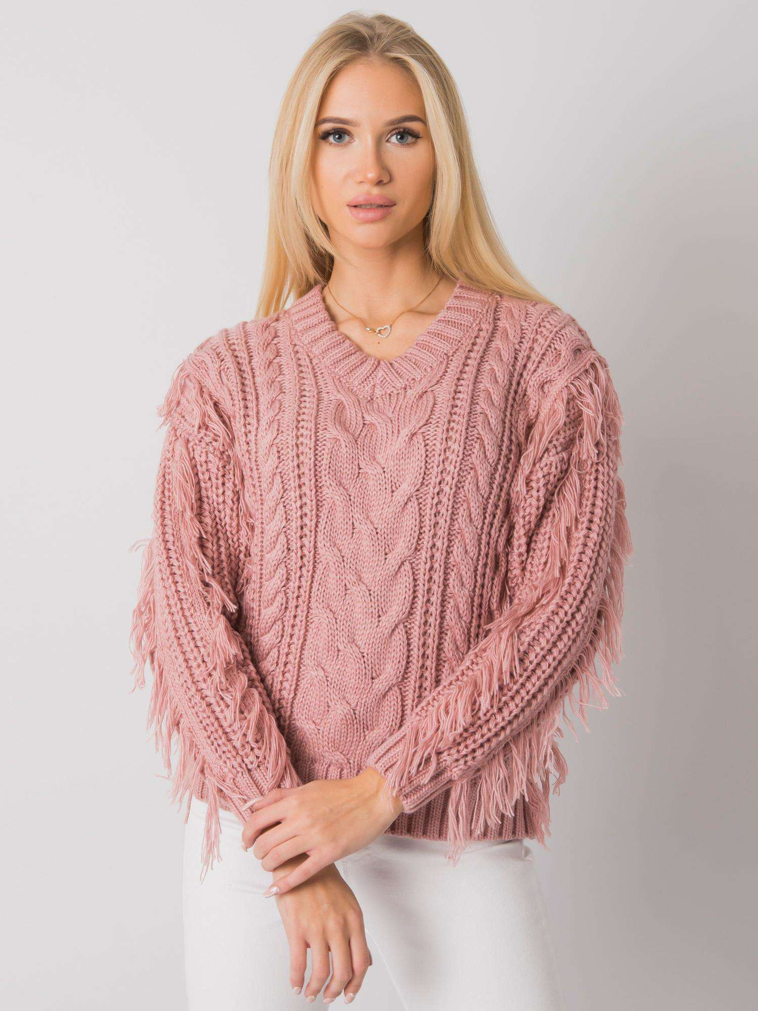 Ružový sveter so strapcami a vrkôčikovým vzorom CA-SW-3746.06-pink Veľkosť: ONE SIZE